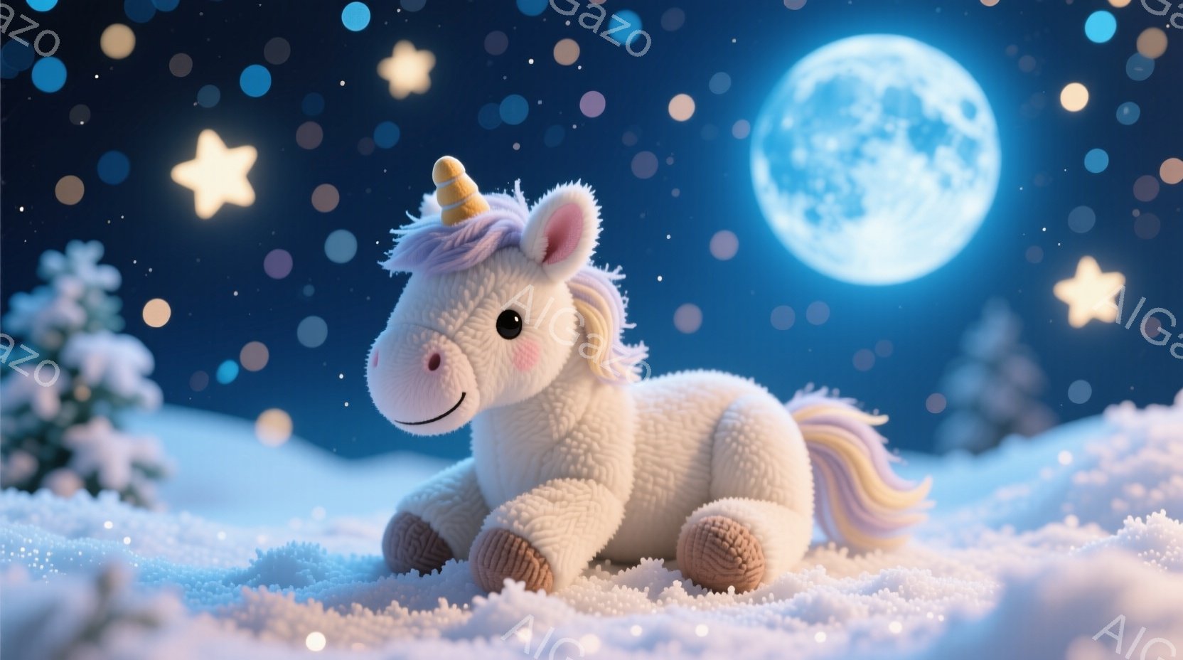 ふわふわの白いユニコーンが雪景色の中に横たわっています。虹色のたてがみと尻尾を持ち、優しい表情で正面を見ています。背景には、暗い夜空に輝く満月と、雪で覆われた木々があり、幻想的で穏やかな雰囲気を作り出 - AI生成フリー素材