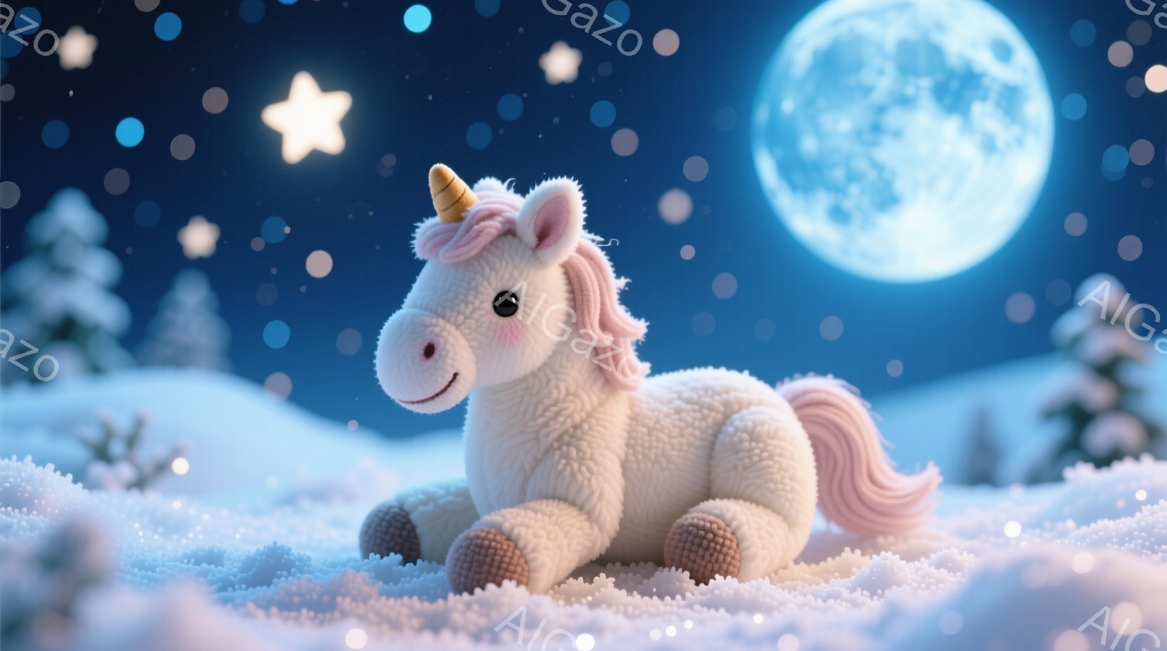 白くてふわふわのユニコーンが雪景色の中に横たわっています。ピンク色のたてがみが可愛らしく、穏やかな表情でこちらを見つめています。背景には青い空、満月、雪に覆われた木々が見え、幻想的で暖かい雰囲気を醸し - AI生成フリー素材