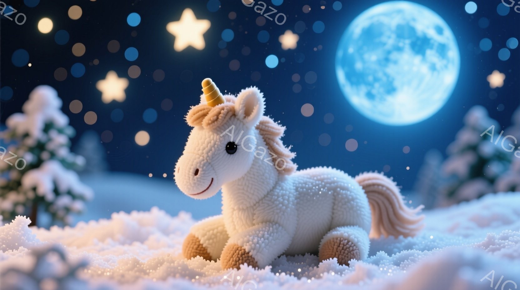 ふわふわの白いユニコーンが雪景色の中でたたずんでいます。月明かりと星空が夜空を照らし、ユニコーンの柔らかな毛並みを強調しています。雪に覆われた木々と幻想的な背景が、温かく優しい雰囲気を醸し出しています - AI生成フリー素材