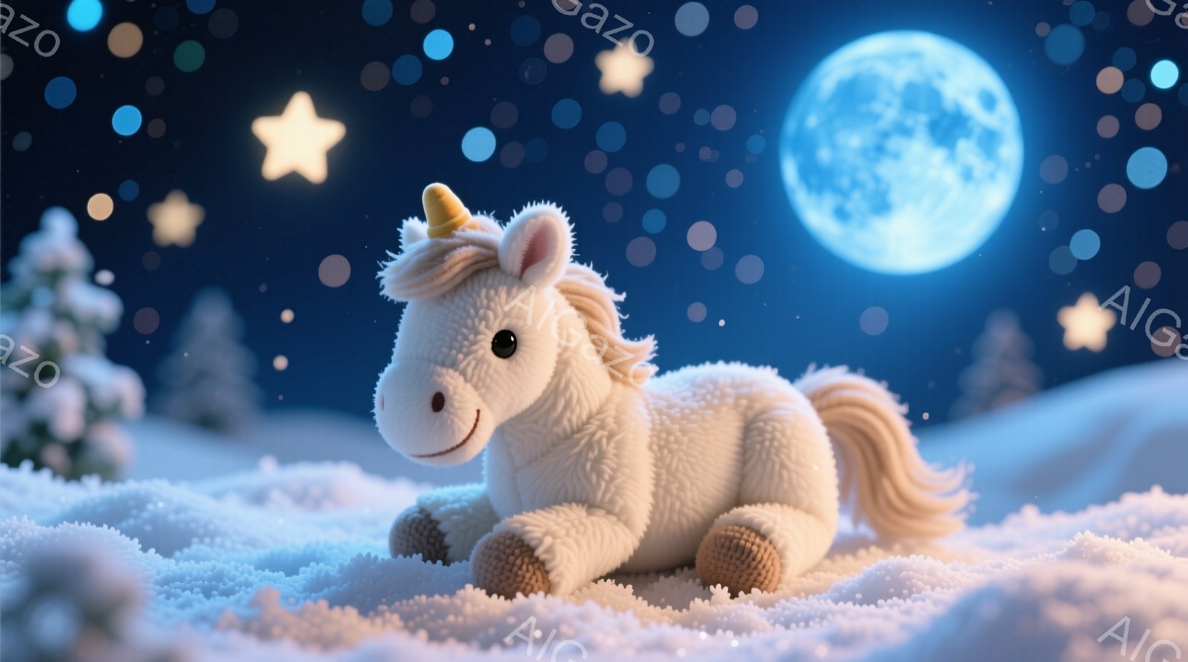 白いユニコーンが雪景色の中に横たわっており、穏やかな表情を浮かべています。背景には、月と星が輝く夜空と、雪に覆われた木々が広がっており、幻想的な雰囲気を醸し出しています。全体的に、温かく、静かで、夢の - AI生成フリー素材