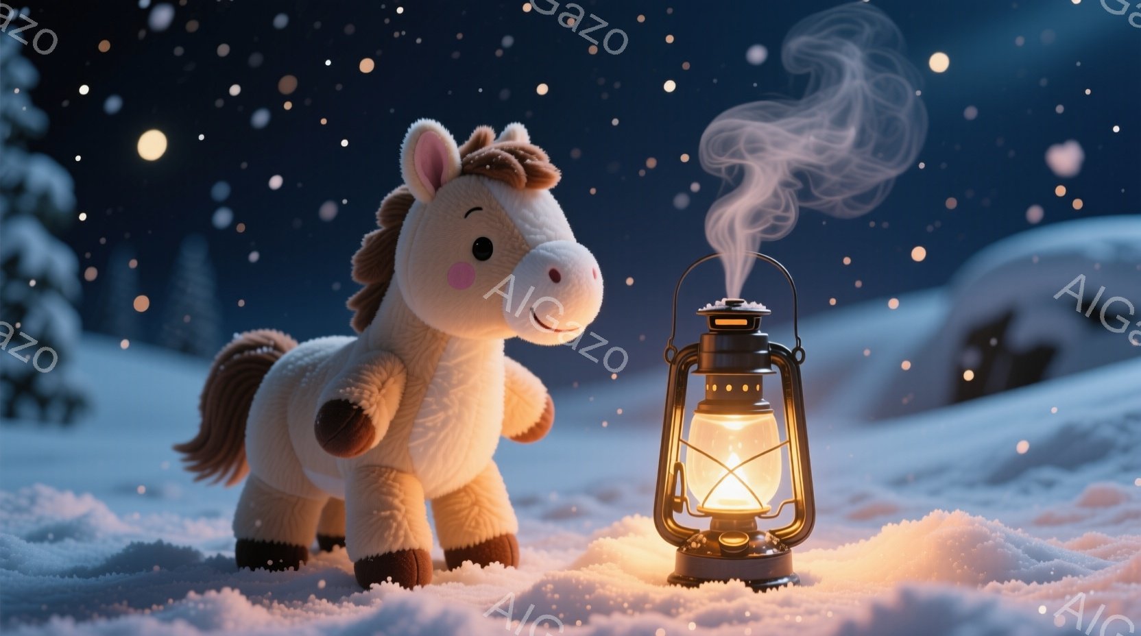 白い毛並みで愛らしいポニーが雪景色の中に立っており、優しい表情で暖かく光るランタンを見つめている。雪は静かに降り積もり、ランタンからは湯気が立ち上り、温かい雰囲気を醸し出している。背景には雪に覆われた木々があり、夜空には小さな光が散らばっている。