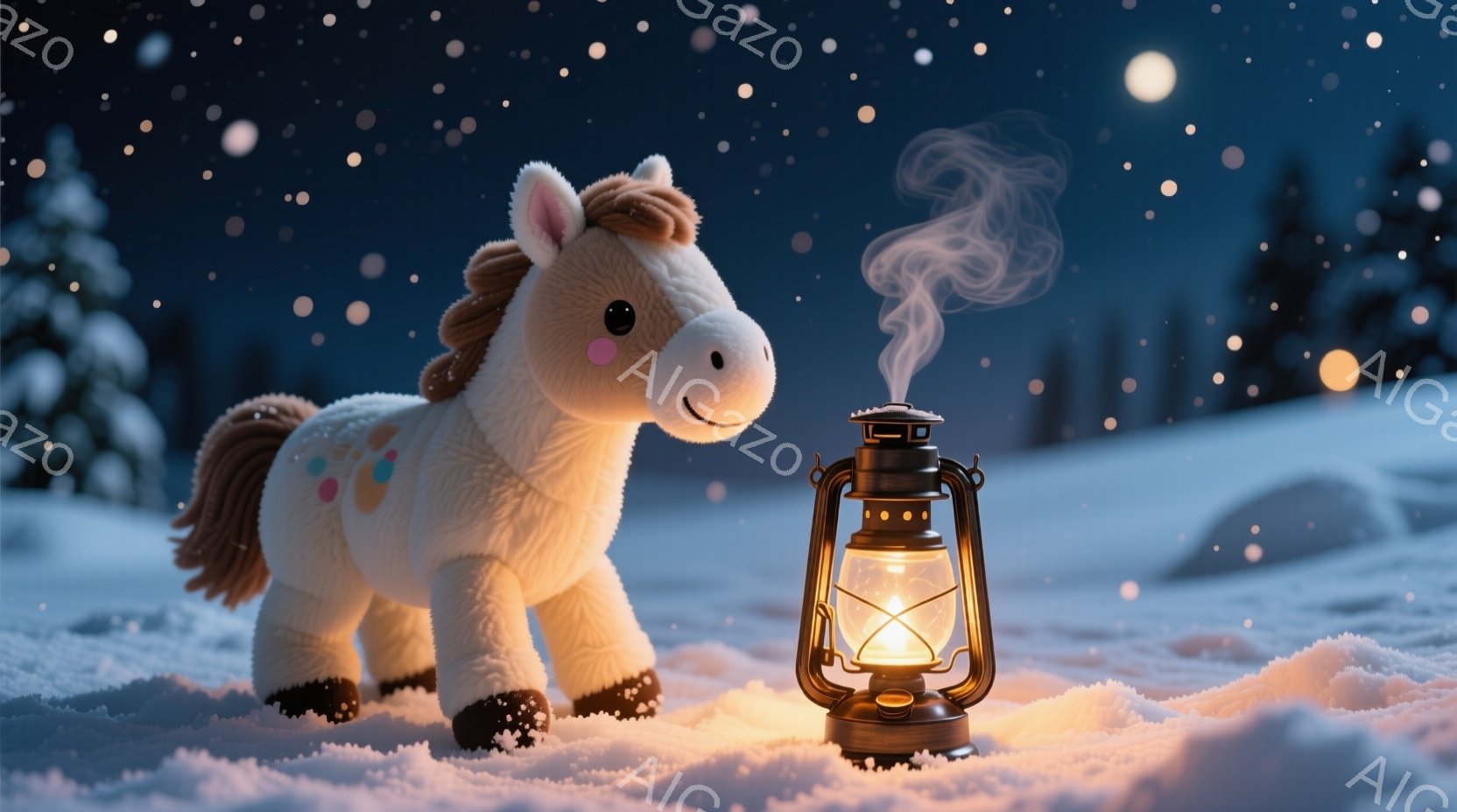 夜に雪が降る中で、一頭の小さなキャラクター（その名前は「シェル」）が描かれています。彼女は白と茶色の毛を持ち、眠気に襲われたような表情で、手で顔を手がけしています。彼女は小さな火を見つめており、その周りに雪が飛び交っているところで、燃えるランプが輝いている。シェルは素敵な髪飾りを付けており、身体全体が寒さから軽くざんばつになっています。