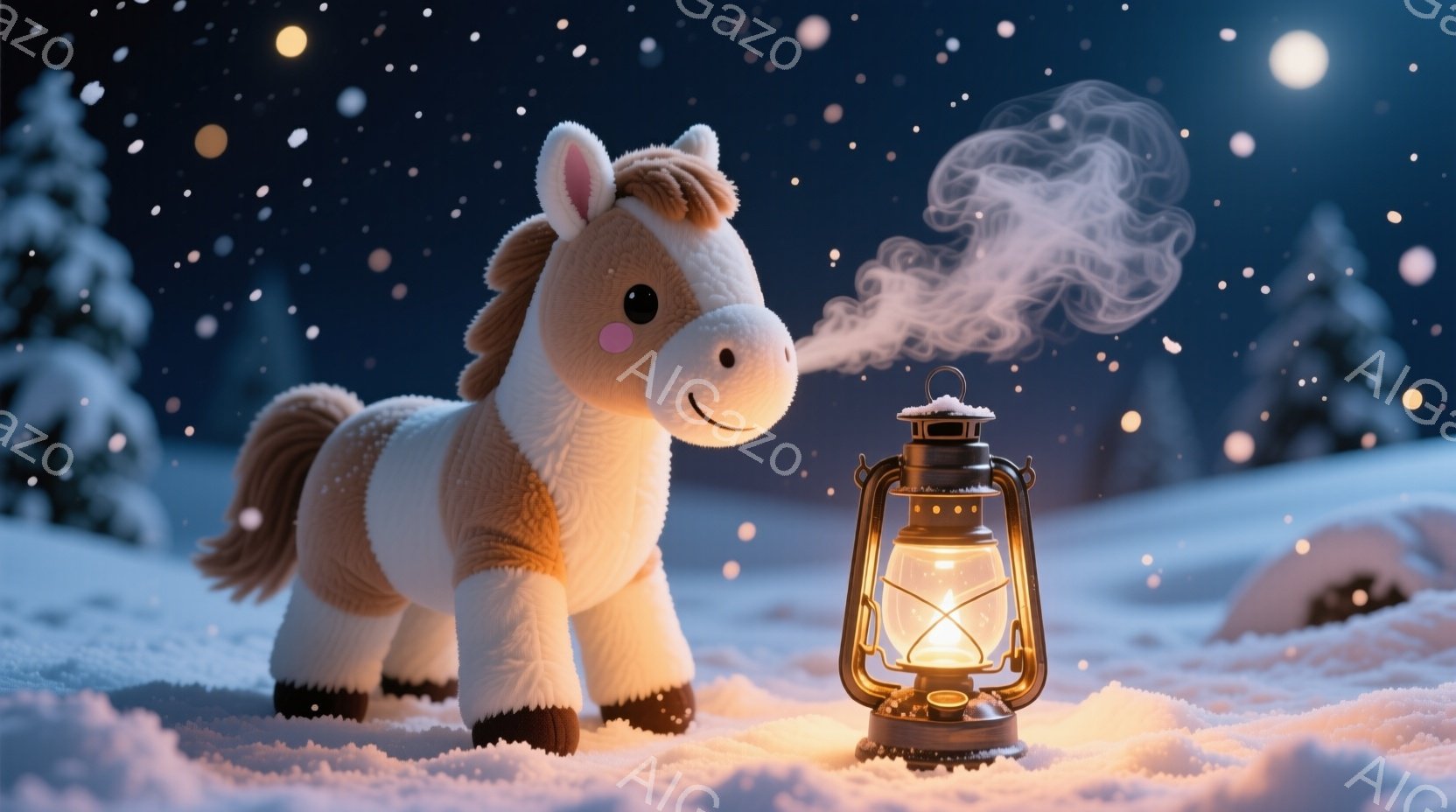 雪景色の中に、毛並みの美しい茶色の馬のぬいぐるみと、点灯したランタンが描かれています。馬は前足を少し上げており、ランタンから立ち上る蒸気が暖かな雰囲気を醸し出しています。背景には雪に覆われた木々がぼん - AI生成フリー素材