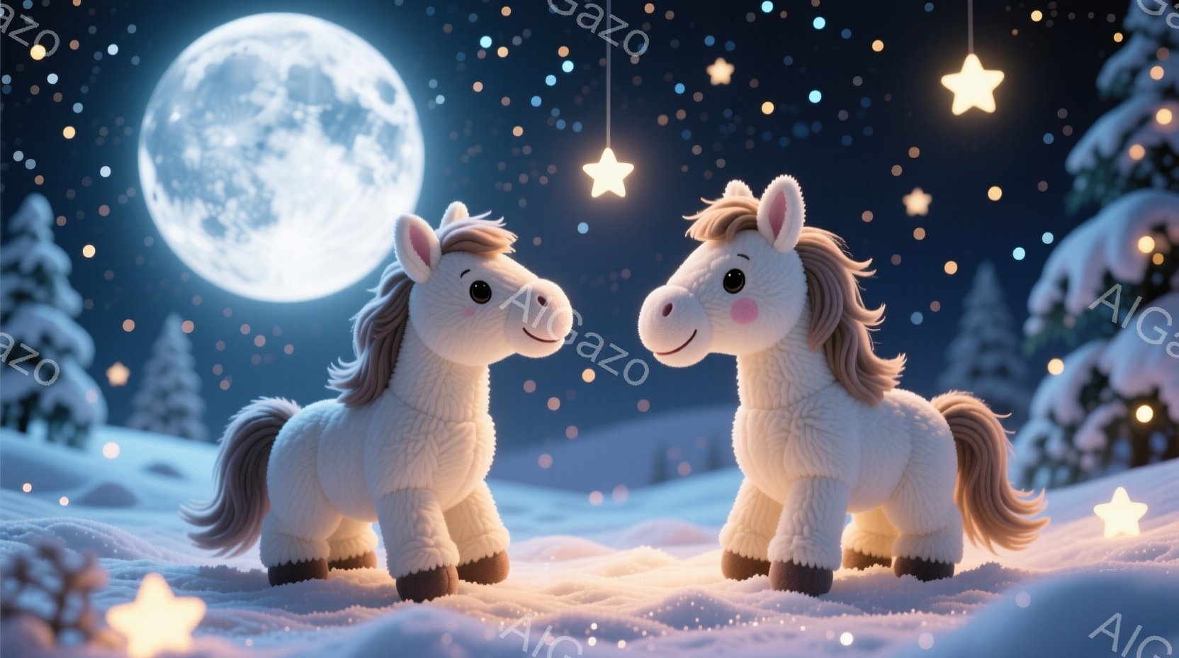 白い毛並みの、可愛らしいポニーが2頭、雪景色の中で並んで立っています。ポニーたちはピンク色のたてがみと尻尾を持ち、優しく微笑んでいます。背景には満月と星が輝き、雪に覆われた木々が幻想的な冬の夜の雰囲気を醸し出しています。