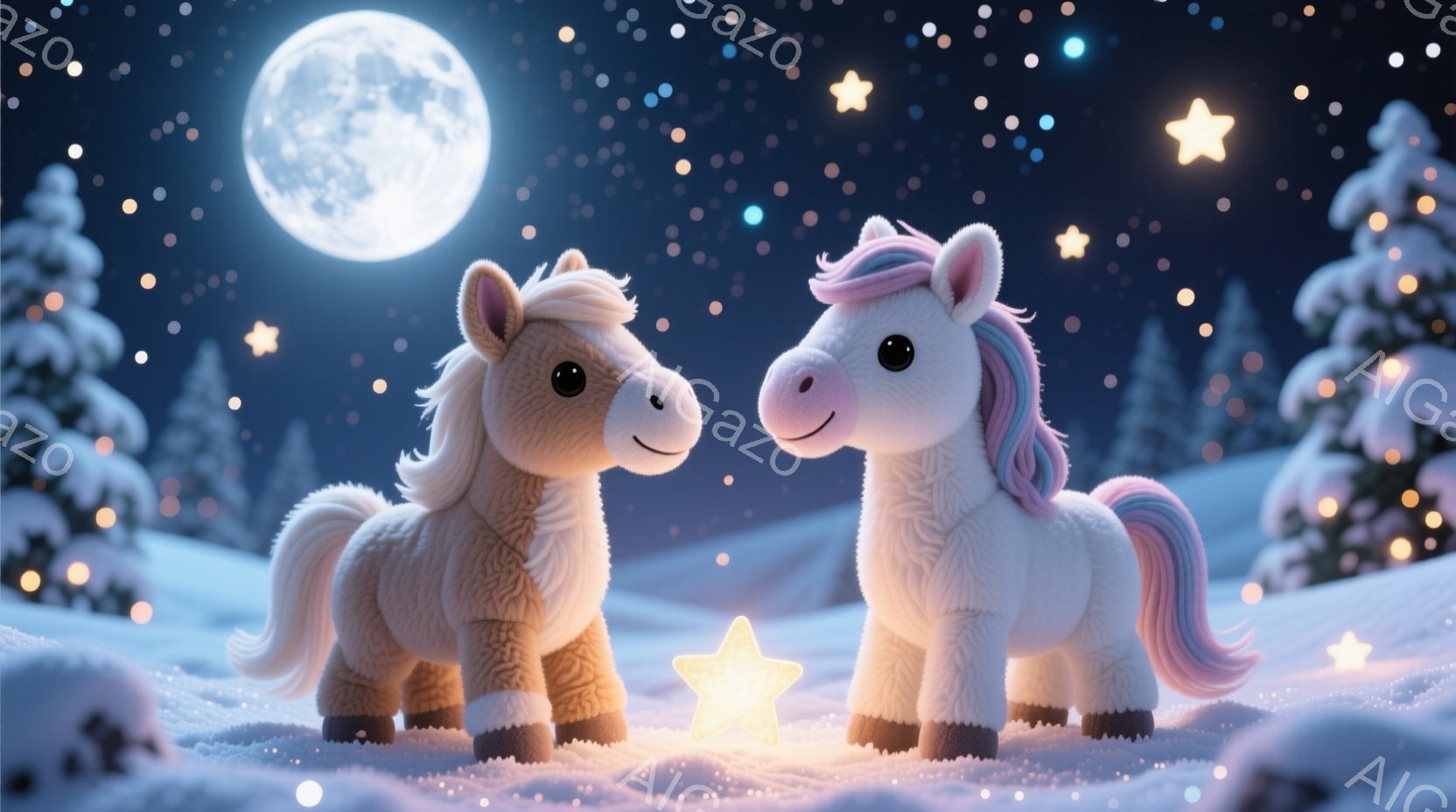 雪景色の中に、毛並みの美しい二頭の白い馬が寄り添うように立っています。片方の馬は淡いピンクと紫色のたてがみを持っており、もう片方の馬はクリーム色です。背景には雪に覆われた木々、そして夜空には満月と星が輝き、幻想的な雰囲気を醸し出しています。