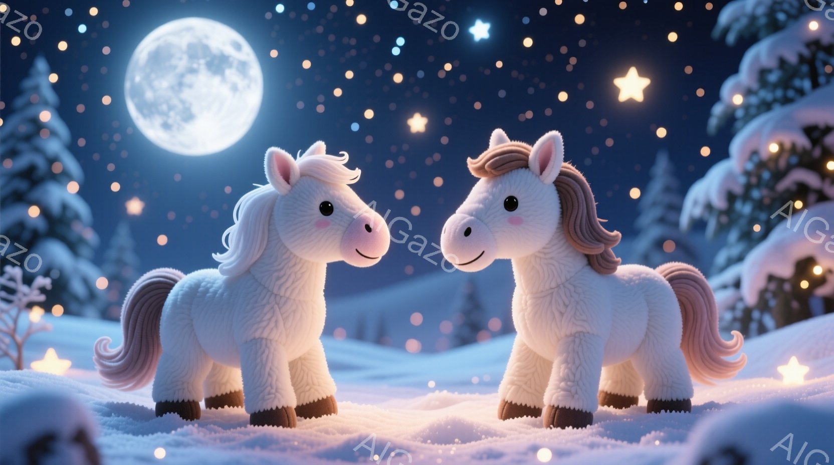 白い毛並みを持つ二頭の愛らしい子馬が雪景色の中に並んでいます。彼らは互いに向き合い、穏やかな表情で、まるで優しい会話をしているかのようです。背景には雪に覆われた木々と、夜空に輝く満月と星々があり、幻想 - AI生成フリー素材