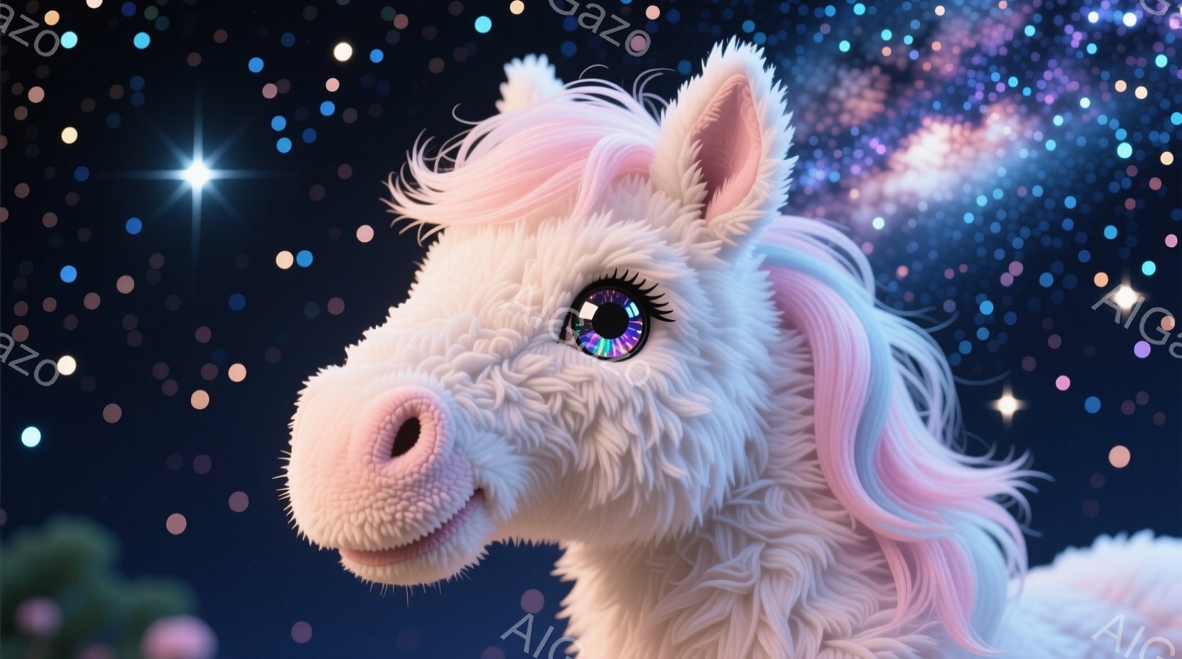 白い毛並みを持つユニコーンが、紫とピンクのグラデーションがかったたてがみと、虹色の瞳でこちらを見つめています。ふんわりとした毛並みと優しい表情は、穏やかで夢幻的な雰囲気を醸し出しています。背景は暗い夜 - AI生成フリー素材