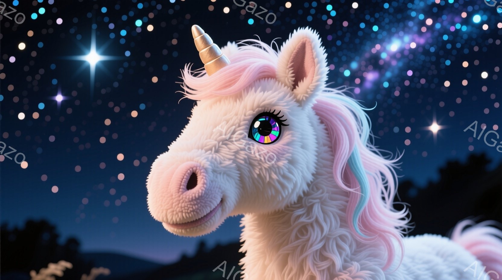 白いユニコーンが描かれており、虹色に輝くたてがみとピンク色のハイライトが入ったたてがみが特徴的です。大きな虹色の瞳は優しく、わずかに微笑んでいるように見え、穏やかな雰囲気を醸し出しています。背景は夜空 - AI生成フリー素材