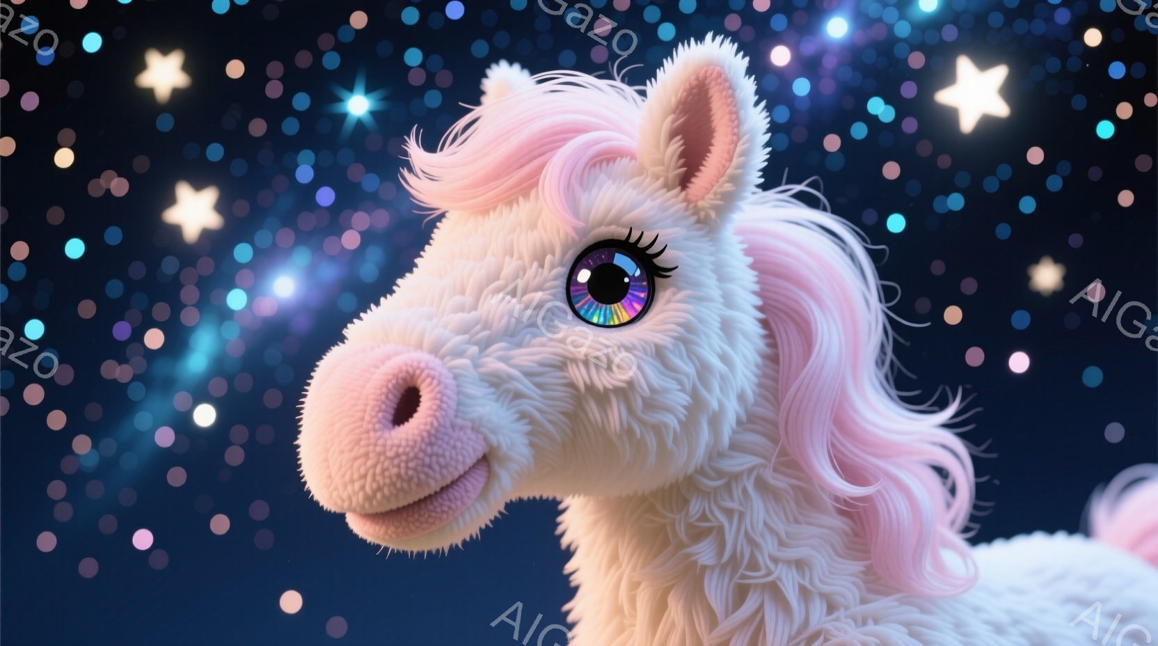 淡いピンク色のたてがみを持つ、白いユニコーンの顔のクローズアップです。ユニコーンは虹色の瞳で穏やかに微笑み、柔らかい毛並みが光を受けて輝いています。背景は暗い青色で、様々な大きさの星や光の粒子が散りば - AI生成フリー素材