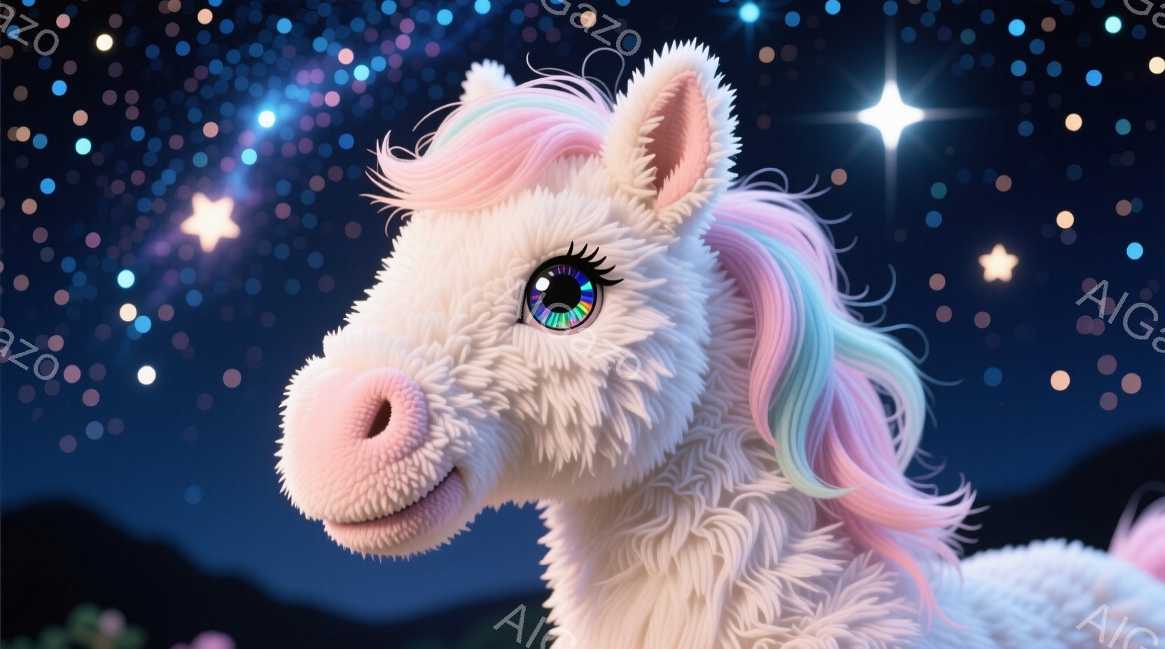 ふわふわとした白いユニコーンが描かれており、たてがみは虹色に輝いています。大きな瞳は鮮やかな色で、優しく愛らしい表情をしています。背景は夜空で、星が輝き、遠くに山並みがぼんやりと見えます。 - AI生成フリー素材