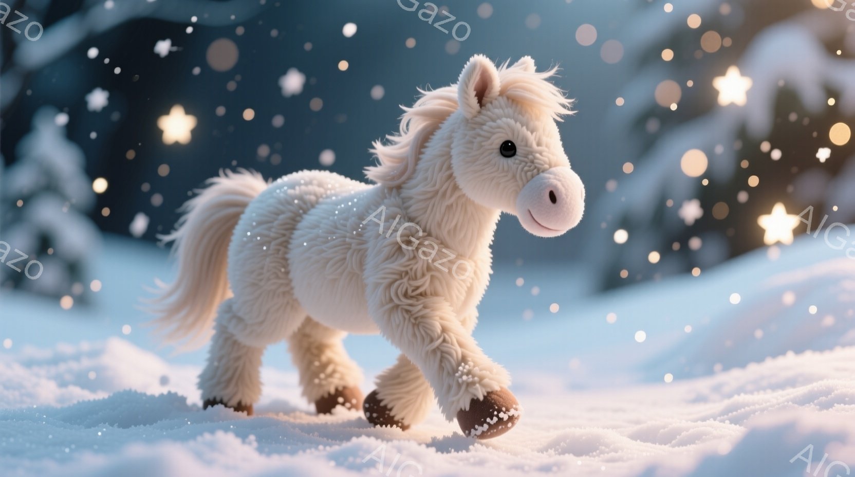 白い毛並みのポニーが雪原を歩いている様子が捉えられています。ポニーは優しい表情で、まるで雪景色の中を散歩しているかのように見えます。背景にはぼやけた木々と、きらめく雪が舞っており、幻想的で温かい雰囲気を醸し出しています。