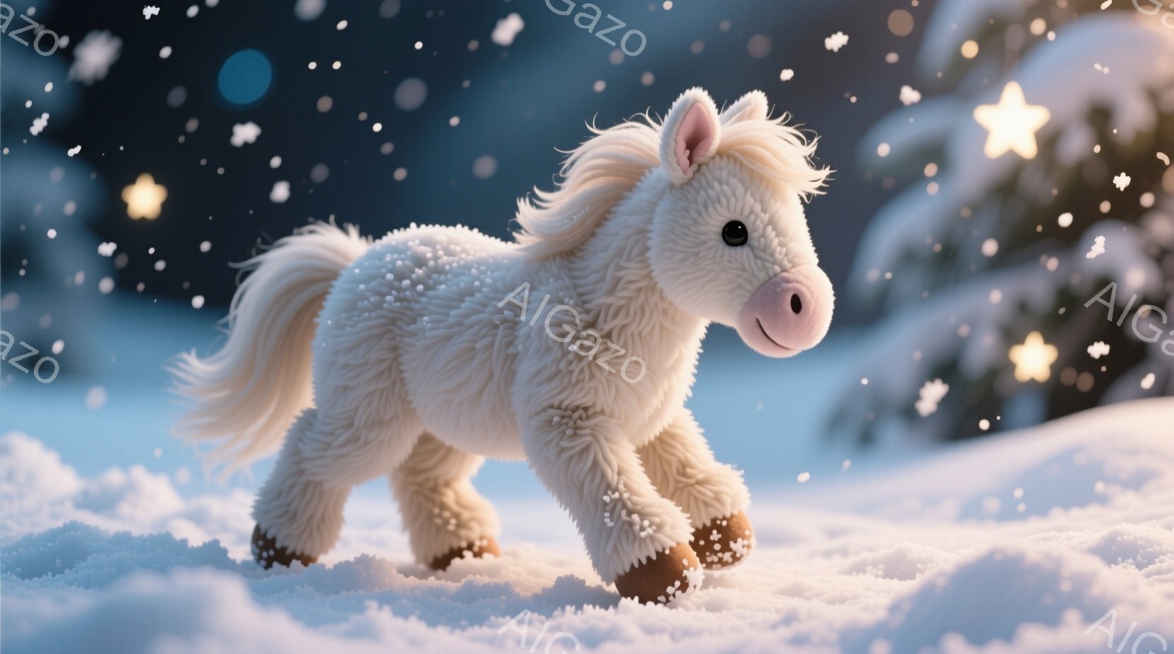 ふわふわの白い馬が雪景色の中を駆けている。馬は前足を高く上げ、楽しそうに雪の中を走っている様子が伺える。背景にはぼやけた緑の木々と、キラキラと輝く雪の結晶が舞い、冬の暖かく幻想的な雰囲気を醸し出している。