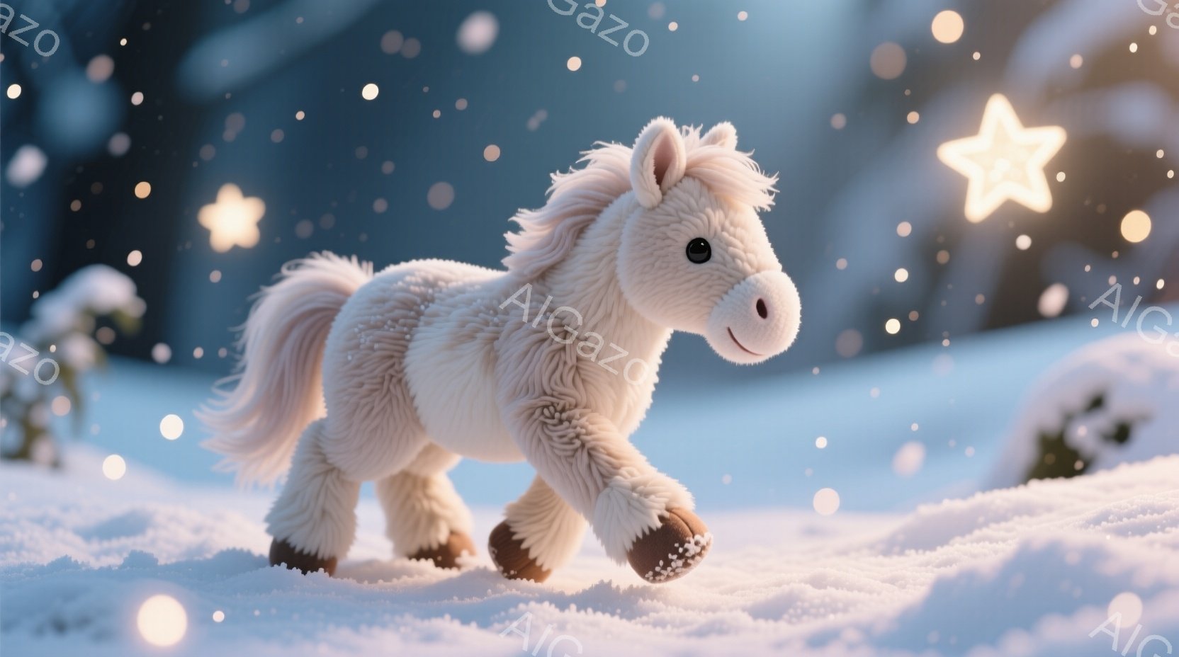 白い毛並みの小さな馬が雪の中を歩いている様子が描かれています。その表情は穏やかで、毛並みは柔らかく、冬の温かい雰囲気を醸し出しています。背景にはぼやけた木々と輝く星が散りばめられ、幻想的な冬の風景を作 - AI生成フリー素材
