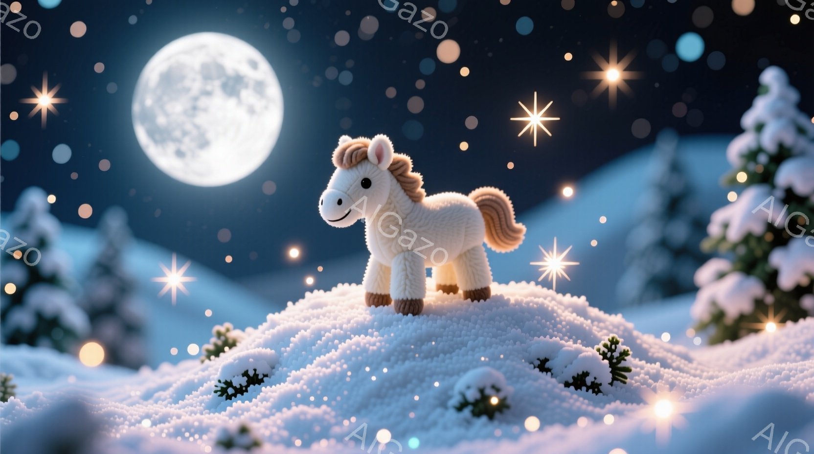 雪の積もった丘の上に、ふわふわの白い馬が立っている。背景には、雪化粧した木々と、星が輝く夜空、そして大きく明るい満月が広がっている。全体的に暖かく幻想的な雰囲気で、冬の夜の静けさと馬の愛らしさが表現さ - AI生成フリー素材