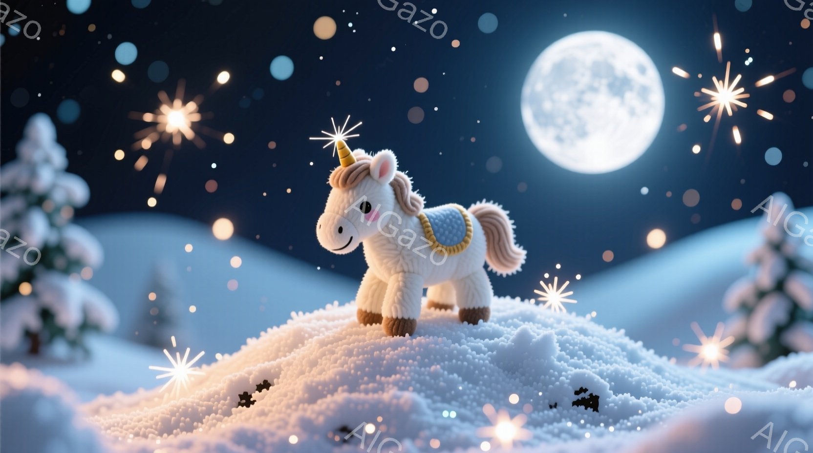 雪に覆われた丘の上に、可愛らしいユニコーンが立っている。このユニコーンは、茶色のたてがみと尻尾を持ち、金色の装飾が施されている。背景には、雪の積もった木々と満月、そしてきらめく星屑が広がり、幻想的な冬 - AI生成フリー素材