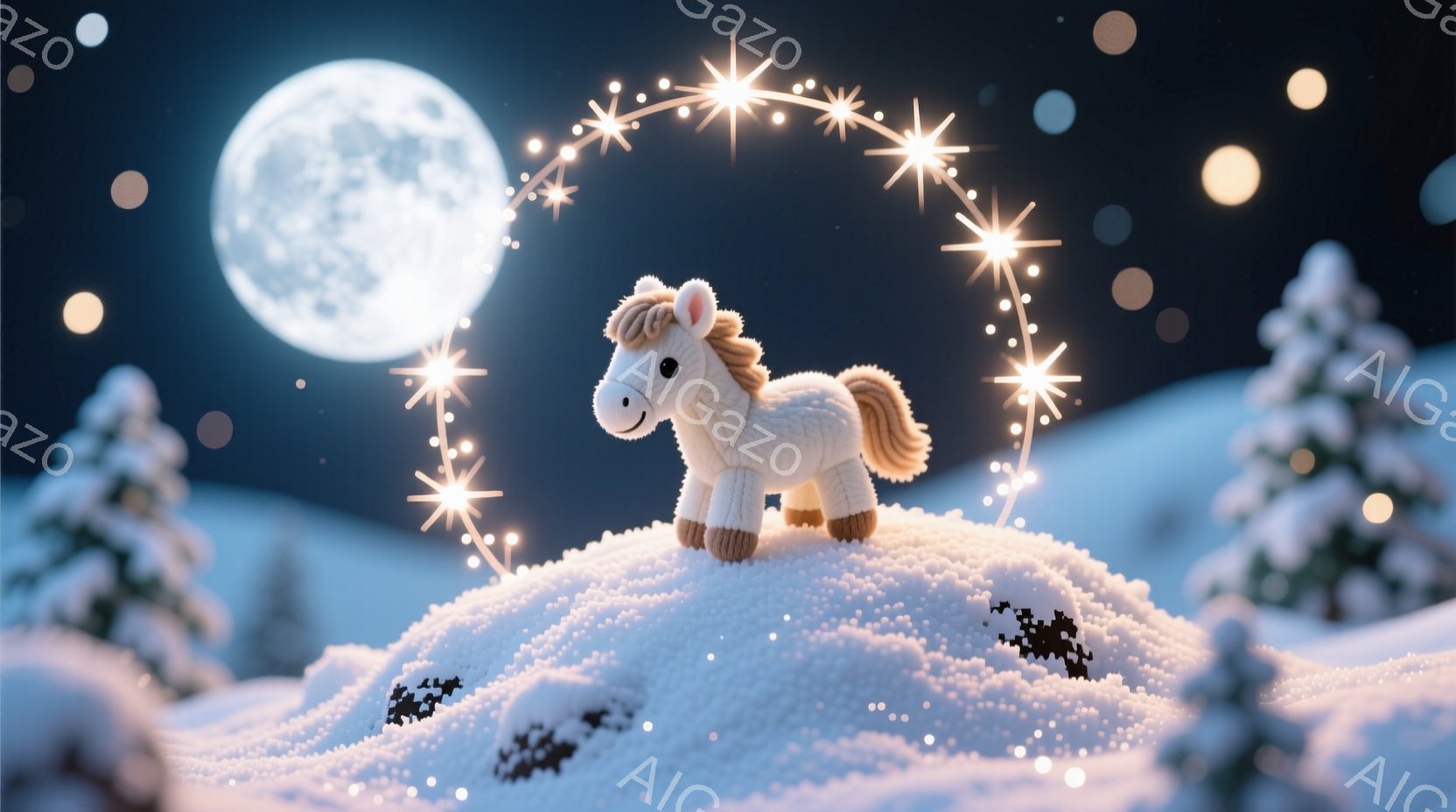 白い雪景色の中に、ふわふわとした毛並みの小さな馬が雪の丘の上に立っている。馬の周りには光り輝く星のような装飾が円を描き、背景には満月と雪に覆われた木々が夜空に浮かび、幻想的な冬の夜の雰囲気を醸し出して - AI生成フリー素材
