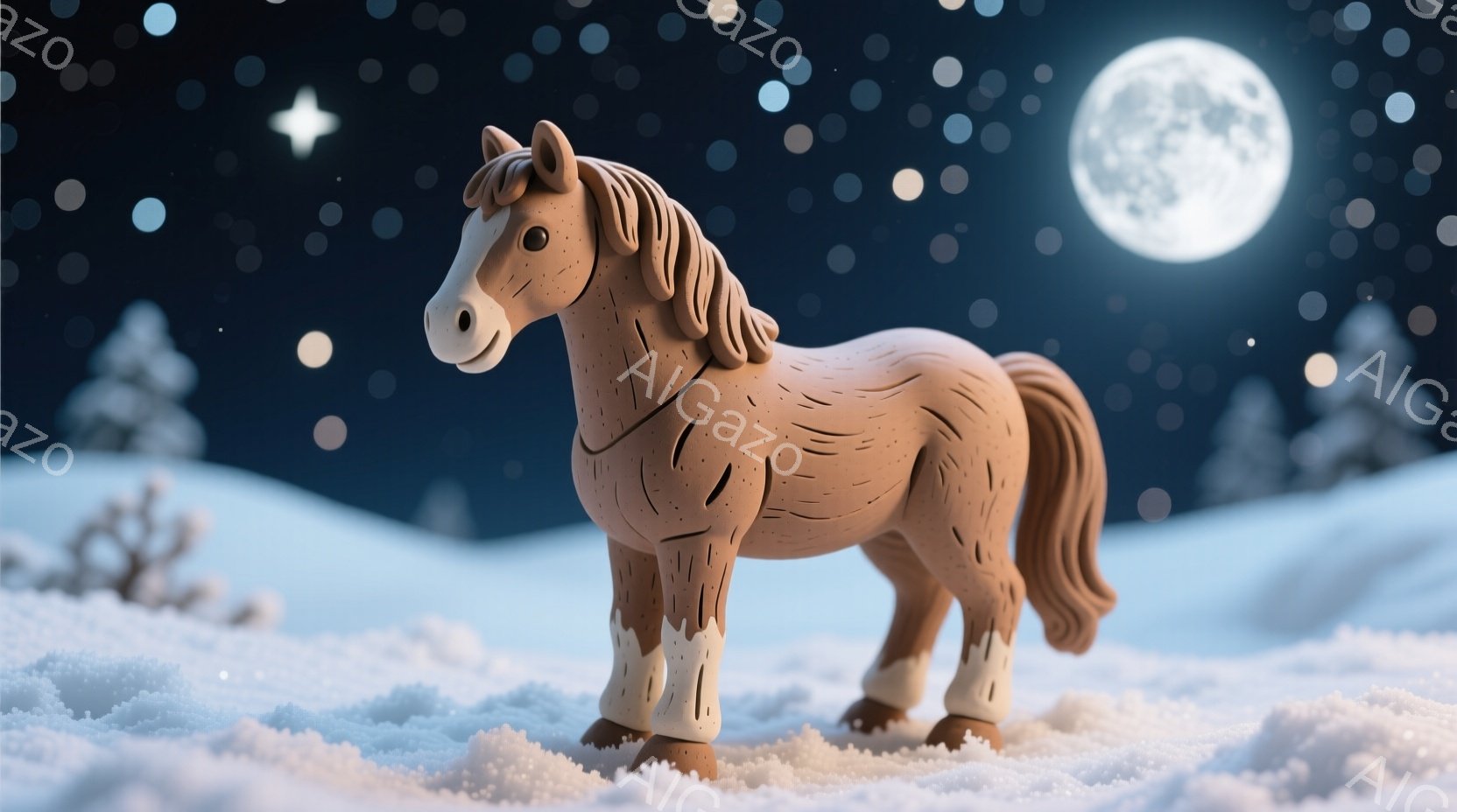 画像は雪に覆われた風景の中に、茶色の馬が立っている様子を描いています。馬は四肢の一部が白く、穏やかな表情でまっすぐ前を見つめています。背景には、雪に覆われた木々と満月が輝き、幻想的な冬の夜の雰囲気を醸 - AI生成フリー素材