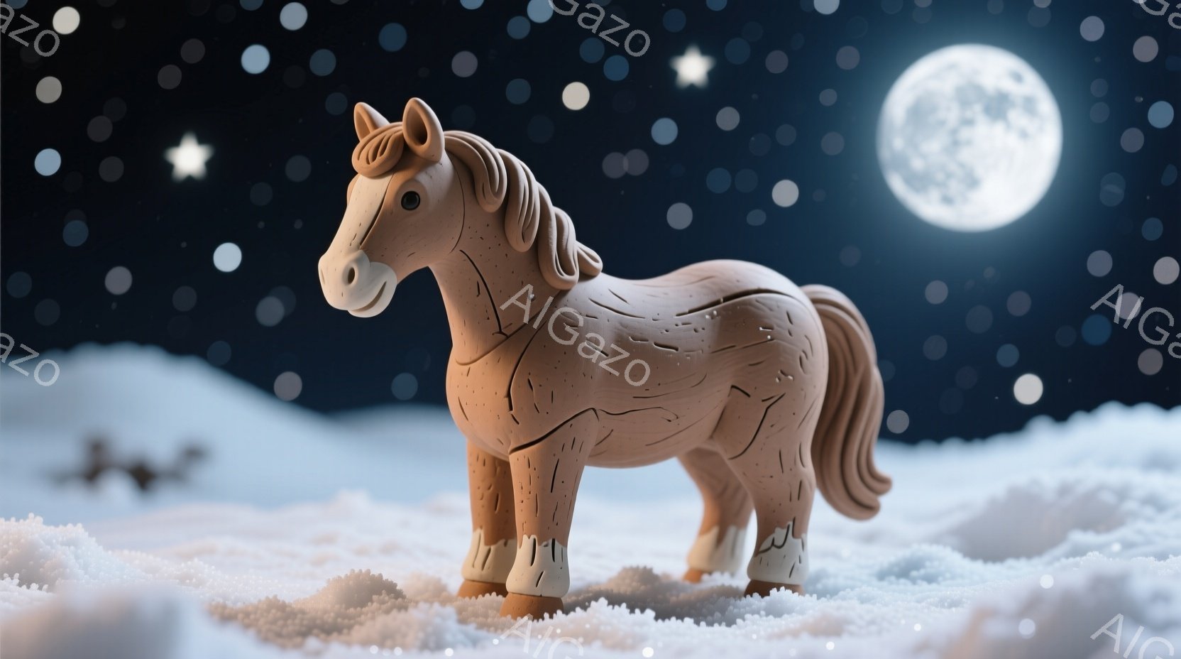 中心にある木馬は、夜の雪景色の地面に立ち、月が昇っています。馬は白と金色の模型で、簡単な表情をしています。背景は寒く静かな雪景色で、星と木馬の影が現れていることが特徴です。全体的に平和であり、季節感が出ています。