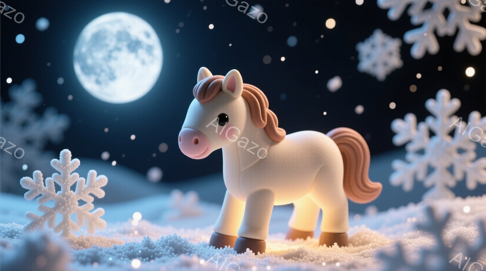 白い馬が雪景色の中に立っている。背景には、大きな満月と、雪の結晶が舞っているのが見え、全体的に幻想的で温かい雰囲気を醸し出している。馬は愛らしい表情で、まるでクリスマスの夜の夢の中にいるようだ。 - AI生成フリー素材