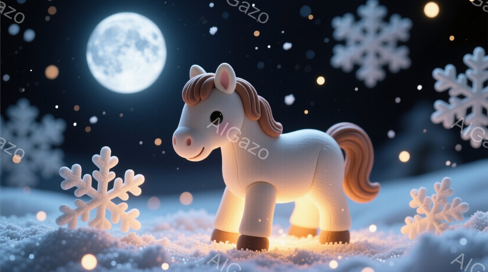 白い馬が雪景色の中で立っている。月が明るく輝き、雪の結晶が舞う夜空を背景に、馬の足元は温かい光で照らされている。全体的に幻想的で穏やかな雰囲気が漂っている。