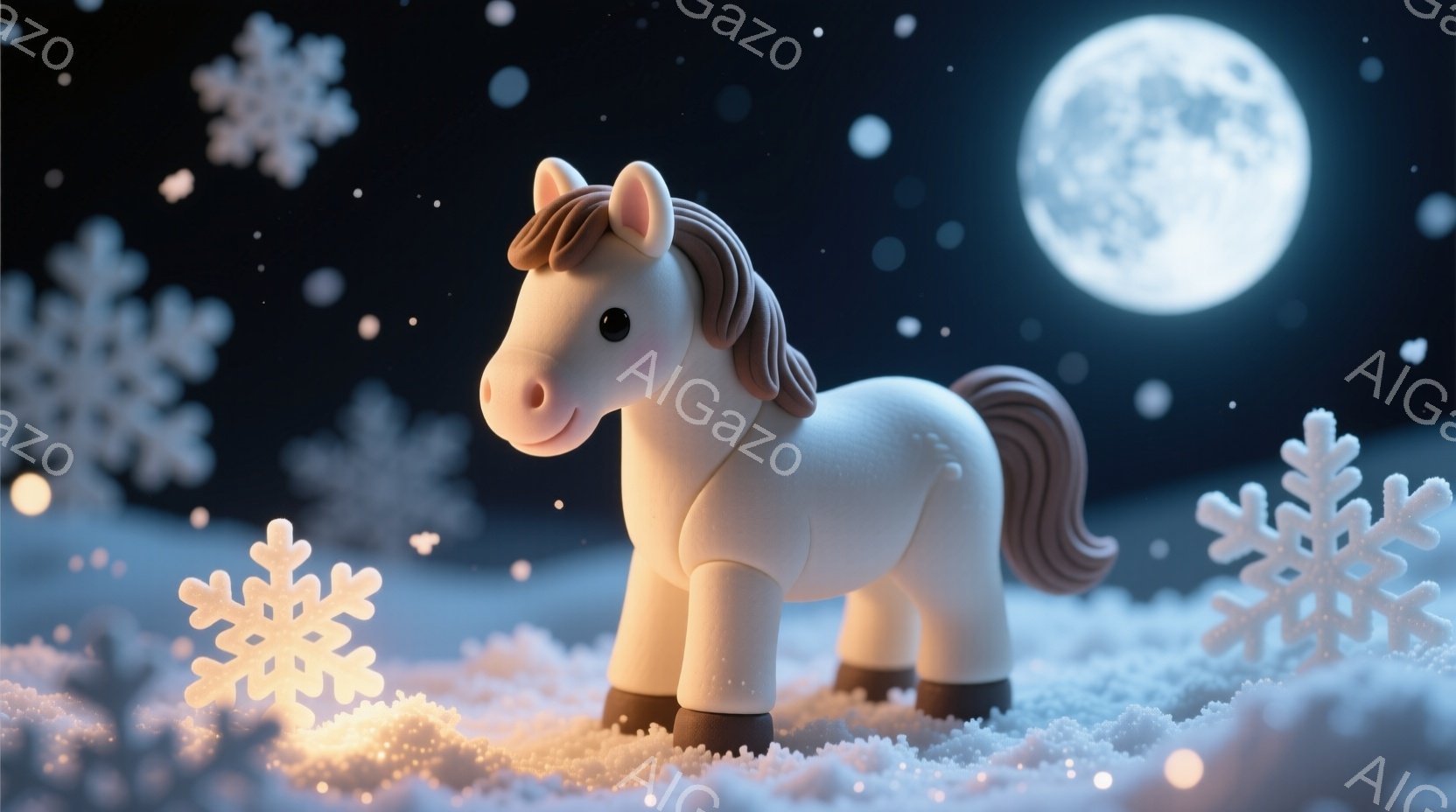 白い馬の置物が雪景色の中に立っています。背景には大きな満月と、キラキラと輝く雪の結晶が舞っており、幻想的な雰囲気を醸し出しています。馬の表情は穏やかで、可愛らしい姿が印象的です。