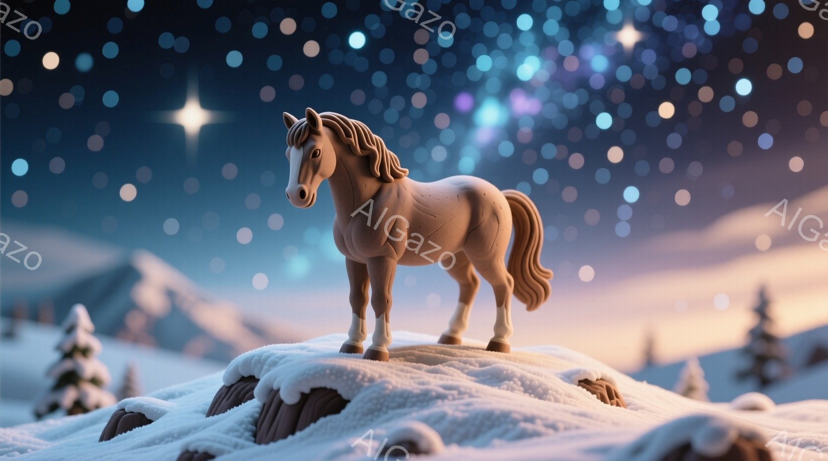 黄金色の毛並みを持つ馬が、雪に覆われた岩の上に堂々と立っている。背景には、白く輝く山々と暗い夜空に散りばめられた星々が広がり、幻想的な冬の風景を作り出している。 全体的に静かで神秘的な雰囲気が漂い、馬 - AI生成フリー素材
