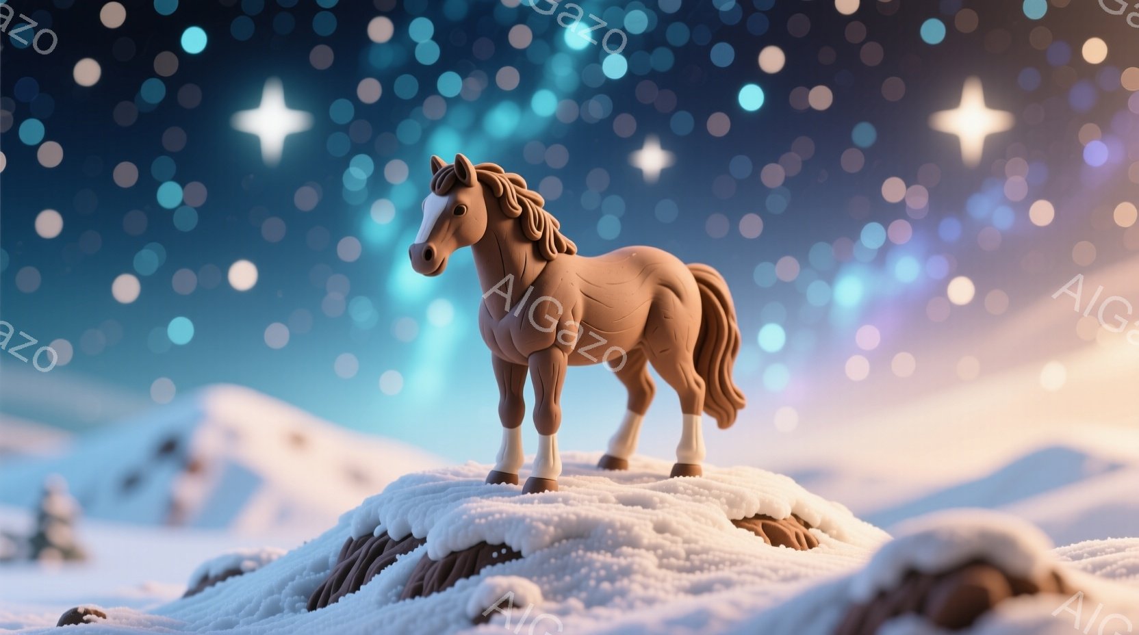 砂色の馬が雪に覆われた丘の上に立っており、白い脚が特徴的です。背景には、ぼんやりとした雪山と、星のように輝く光の粒子が広がる夜空が広がっており、幻想的な雰囲気を醸し出しています。全体的に、静かで穏やか - AI生成フリー素材