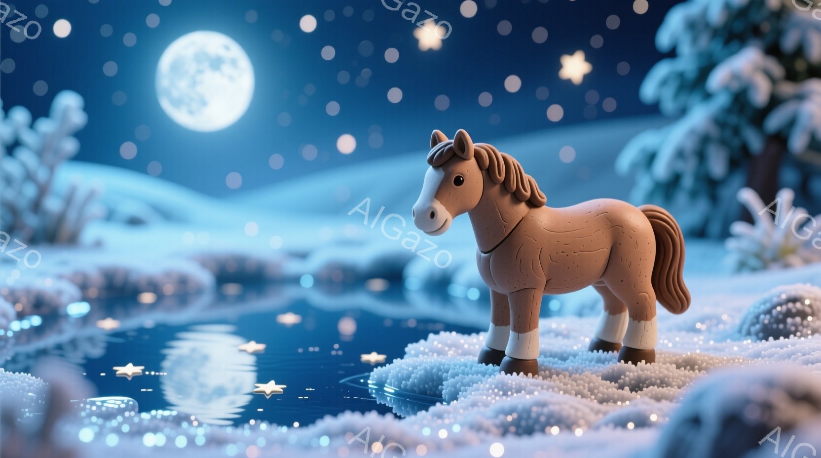 白い雪景色の中に、茶色の小さな馬が立っています。馬は穏やかな表情で、静かに雪原を見渡しています。背景には、月の光を反射した水面と、雪で覆われた木々があり、幻想的な冬の夜の雰囲気を醸し出しています。