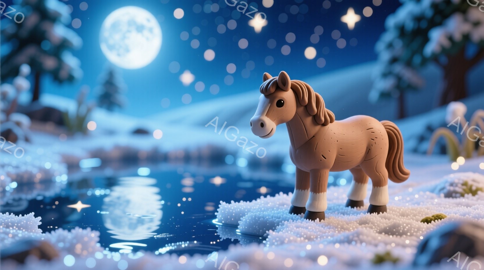 白い雪景色の中に、茶色と白の馬の置物が立っている。背景には暗い森と、水面に反射する月明かりが広がり、全体的に幻想的で静かな雰囲気が漂っている。雪の質感や月の光の表現が、温かく可愛らしい印象を与えている - AI生成フリー素材