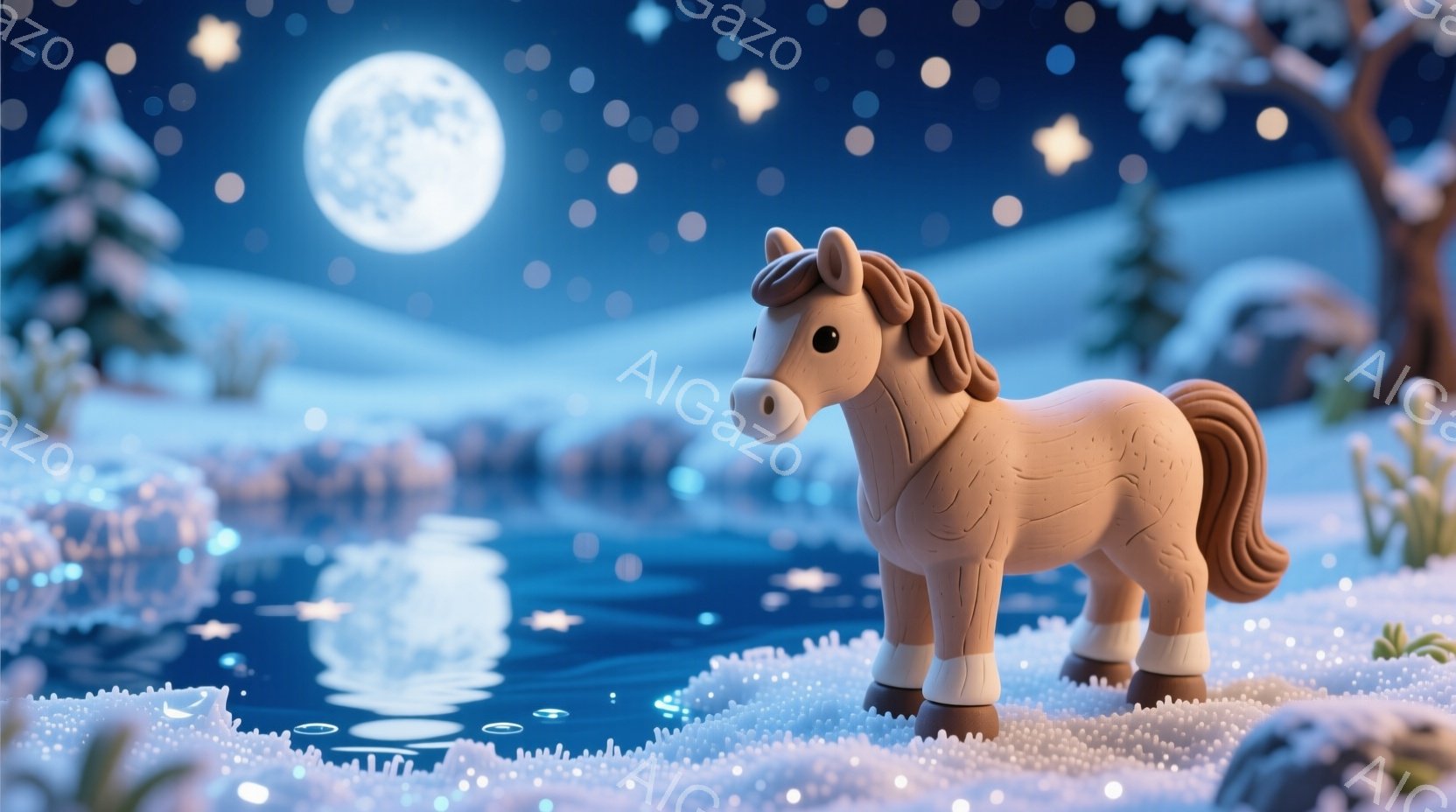 白い雪景色の中に、茶色い馬の置物のようなものが立っている。背景には、雪に覆われた木々や、月明かりに輝く水面が見え、幻想的な冬の夜の雰囲気を醸し出している。全体的に温かみのある色調で、可愛らしい雰囲気が漂う。