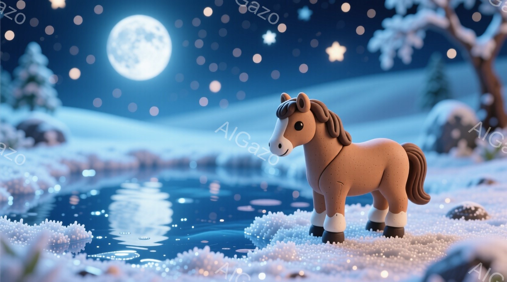 雪景色の中に、茶色の小さな馬が立っています。背景には、月明かりが照らす雪に覆われた木々や、凍った湖が広がっており、夜空には無数の雪の結晶が舞っています。全体的に静かで幻想的な冬の夜の雰囲気が漂っていま - AI生成フリー素材