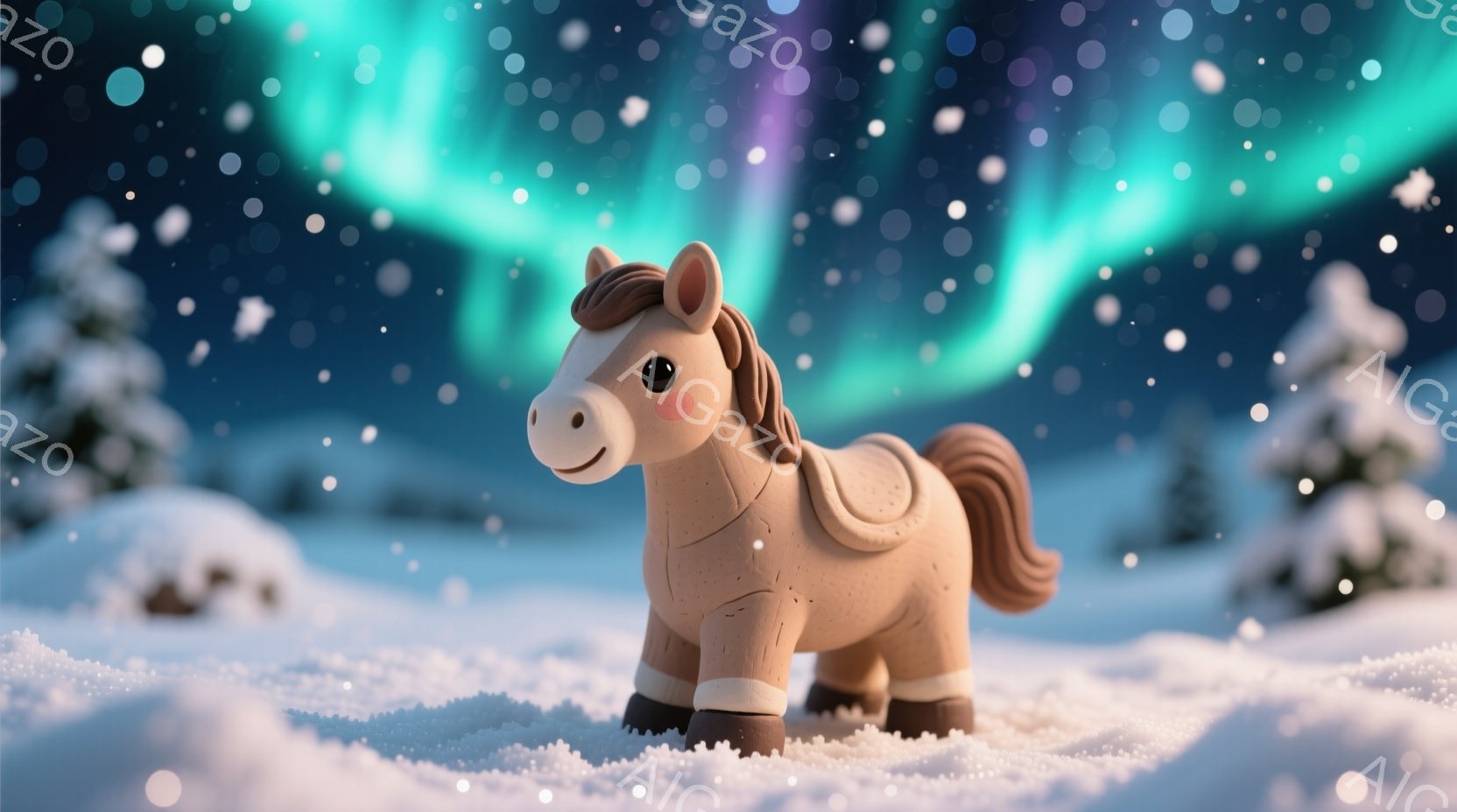 雪景色の中に、可愛らしい茶色の馬の置物が立っています。馬は穏やかな表情で、少し右を向き、茶色の鞍を背中に乗せています。背景には、緑と紫のオーロラが輝き、雪に覆われた木々が立ち並び、幻想的で冬の雰囲気が - AI生成フリー素材