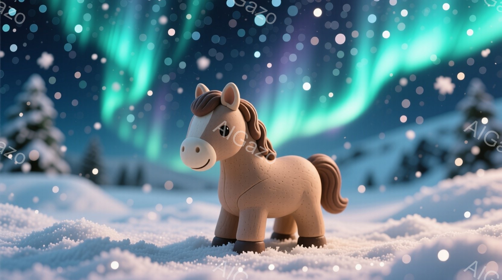 雪景色の中に、可愛らしい茶色の馬の置物が立っている。馬は穏やかな表情で、雪の上に静かに佇んでおり、背景には幻想的なオーロラと雪に覆われた木々が見える。全体的に温かく、平和な雰囲気が漂っている。 - AI生成フリー素材