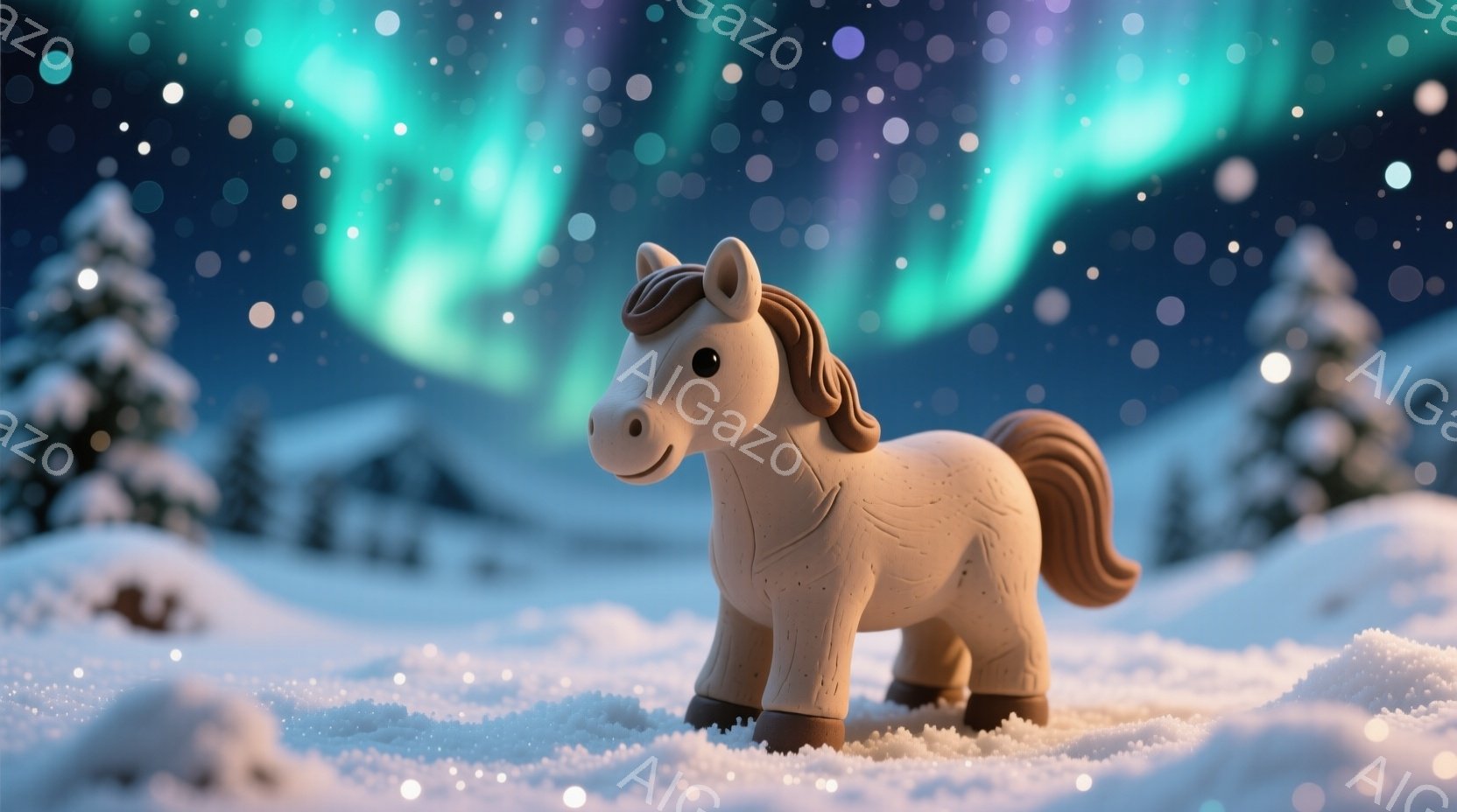 雪景色の中に、可愛らしい茶色の馬の置物が立っている。背景には雪をまとった木々と、オーロラのような幻想的な光が広がり、冬の夜空を表現している。全体的に、温かく、夢のような雰囲気で、クリスマスのカードのよ - AI生成フリー素材
