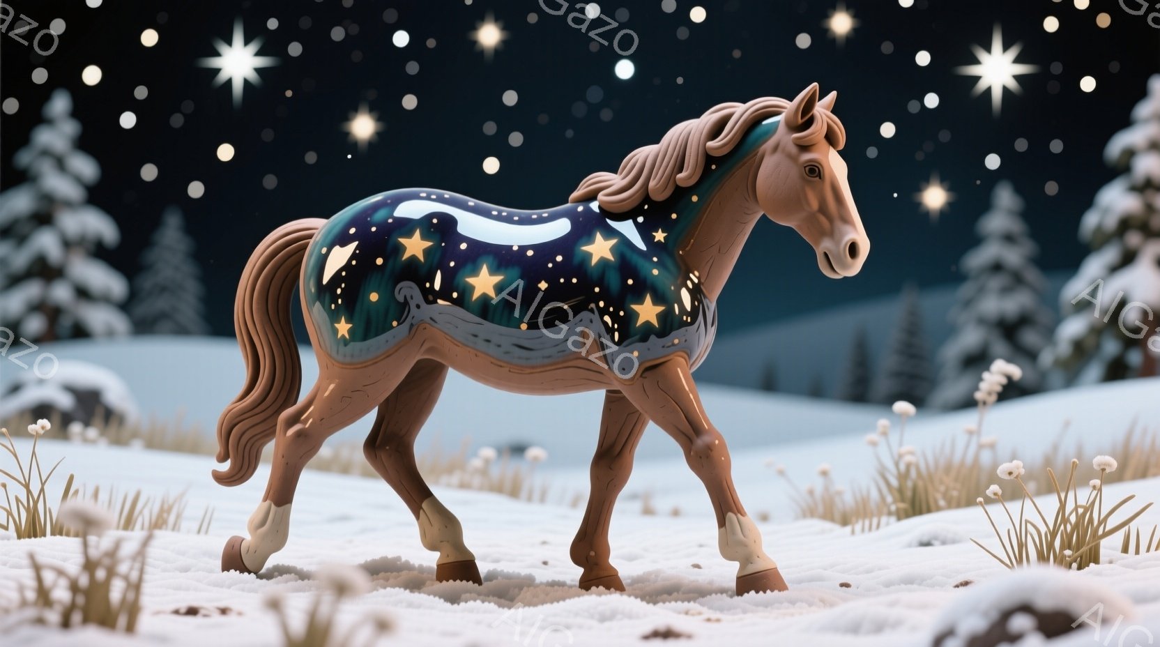 雪景色の中に、星空を背に馬が一頭立っています。馬の毛並みは茶色で、背中には青と紫の星空が描かれており、幻想的な印象を与えます。背景には雪に覆われた木々があり、全体的に静かで穏やかな冬の雰囲気が漂ってい - AI生成フリー素材