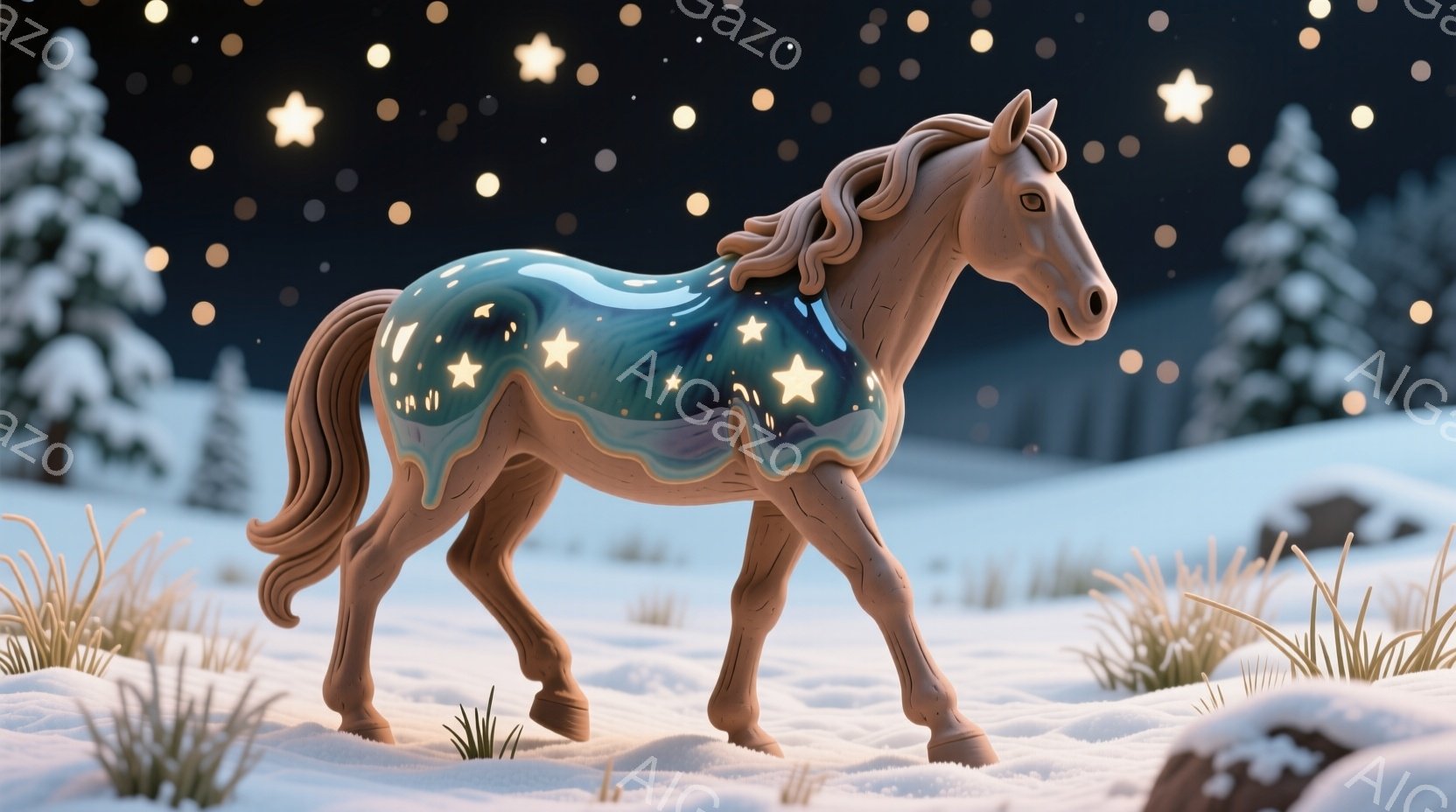 雪景色の中に、星空模様の模様が施された馬が立っています。馬は淡い茶色をしており、その模様は青と紫のグラデーションで、様々な大きさの星が散りばめられています。背景には雪に覆われた草や木々が見え、幻想的で穏やかな雰囲気を醸し出しています。
