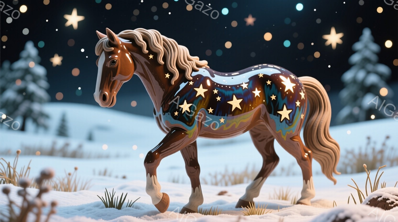 雪景色の中に、星模様が美しい栗色の馬が優雅に佇んでいます。馬の毛並みは滑らかで、たてがみが豊かに飾り、穏やかな表情を浮かべています。背景には雪に覆われた針葉樹林が広がり、幻想的な冬の夜の雰囲気を醸し出しています。