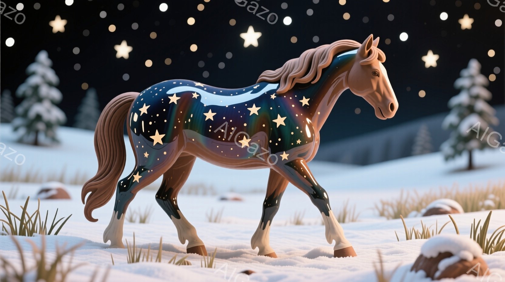 白い雪景色の中に、星屑が舞うような模様の馬が優雅に歩いています。背景には針葉樹林がぼんやりと見え、夜空には無数の星が輝き、幻想的な雰囲気を醸し出しています。馬の毛並みは滑らかで、その姿はまるで夜空を駆 - AI生成フリー素材
