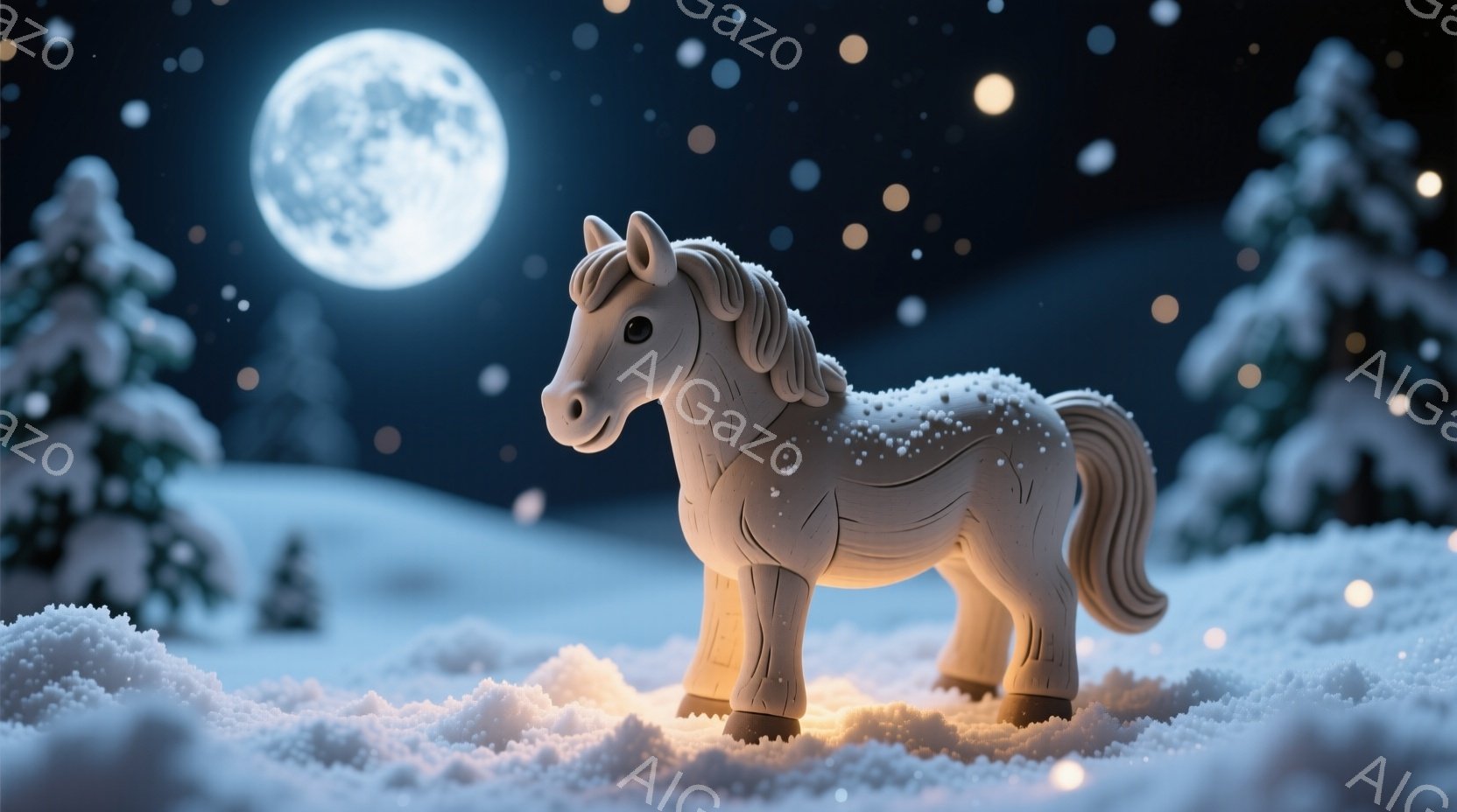 白い馬の置物が雪景色の中で静かに立っている。背景には針葉樹の木々と満月が輝き、雪が舞う幻想的な雰囲気を醸し出している。全体的に温かみのある光が馬を照らし、穏やかで平和な冬の夜を表現している。 - AI生成フリー素材