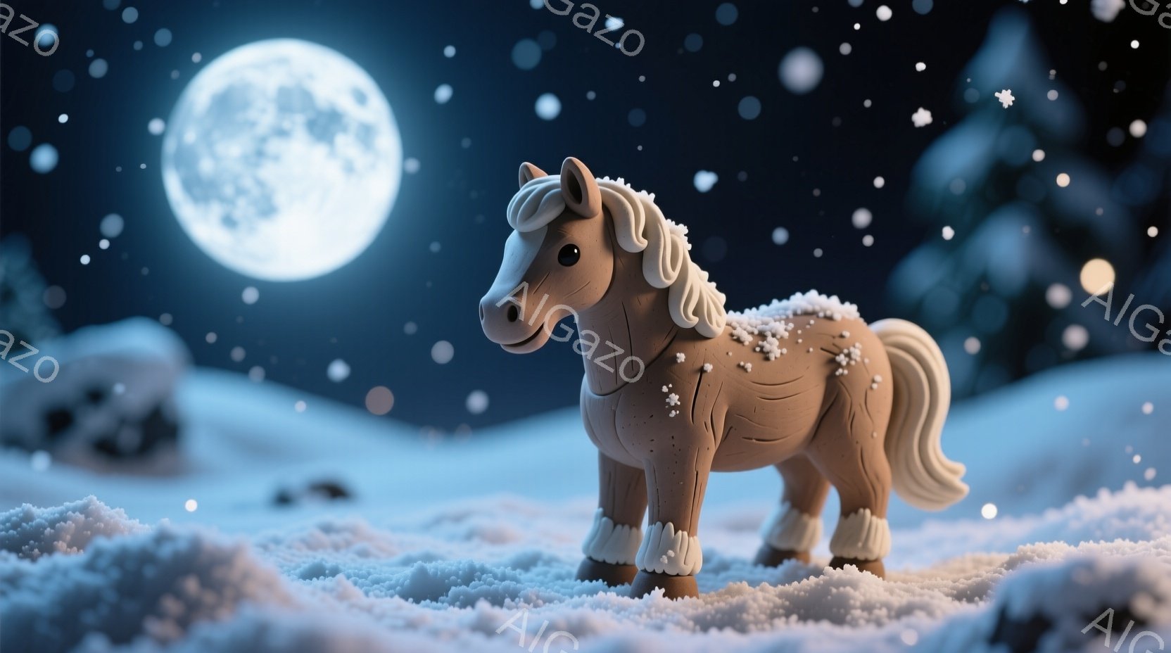 雪景色の中に、茶色のミニチュアの馬が立っている。馬は白い足元とたてがみを持っており、雪が少し積もっている。背景には月が輝き、雪の降る静かな夜の雰囲気を作り出している。 - AI生成フリー素材