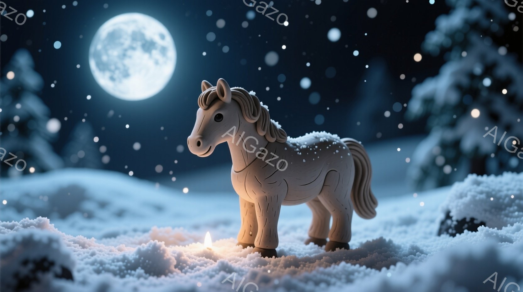 白い馬のおもちゃが雪景色の中に立っている。背景には暗い森と満月が輝き、雪が舞っている様子が描かれている。全体的に静かで幻想的な雰囲気が漂い、おとぎ話の世界を思わせる。 - AI生成フリー素材