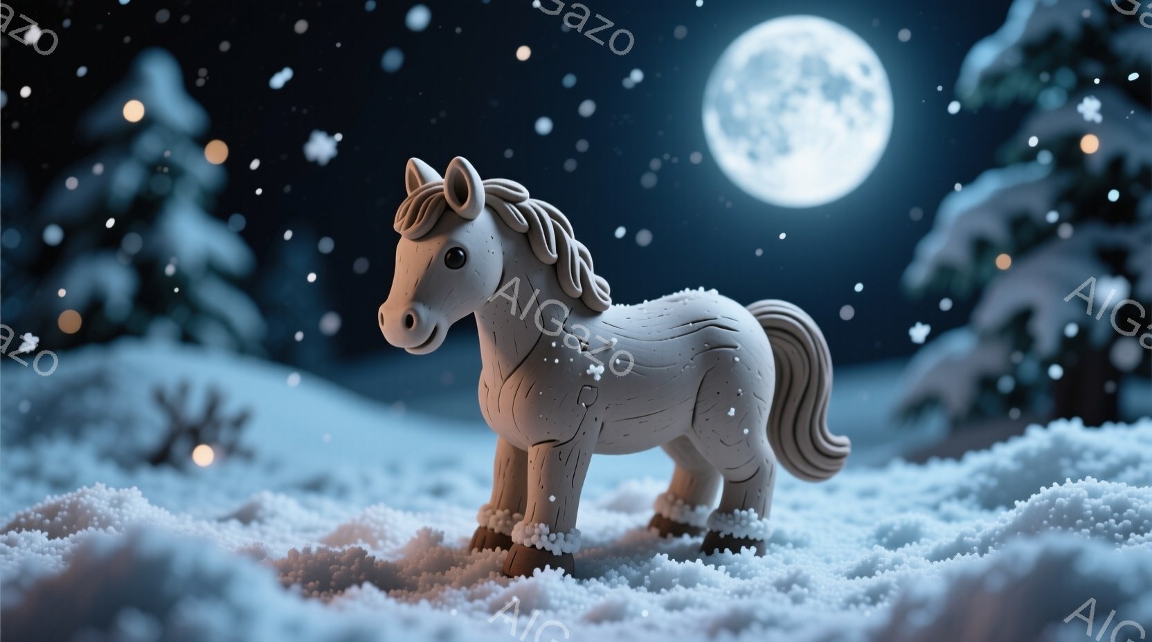白い雪景色の中に、陶器のような質感の白い馬が立っている。背景には針葉樹林が広がり、満月が輝き、降り積もる雪が幻想的な雰囲気を醸し出している。馬は穏やかな表情で、静かに雪景色の中に佇んでいる。 - AI生成フリー素材