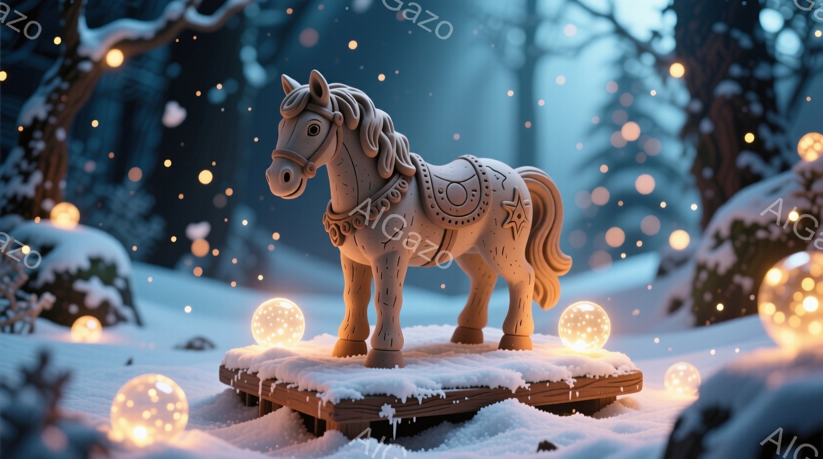 雪景色の中に置かれた、装飾的な木彫りの馬が印象的です。馬は明るい茶色で、複雑な模様が施され、小さな木製の台の上に静止しています。背景には雪に覆われた木々があり、無数の光の球体が幻想的な雰囲気を醸し出しています。
