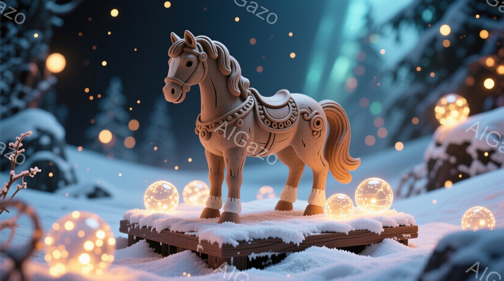 雪に覆われた風景の中に、装飾が施された木製の馬のおもちゃが置かれた台座が描かれています。周囲には光る球体が散りばめられ、背景には暗い木々が見え、幻想的な冬の夜の雰囲気を醸し出しています。馬は静止したポ - AI生成フリー素材