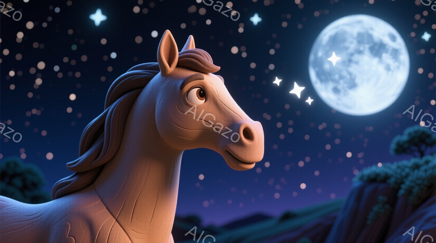 栗色の馬が左側に描かれており、遠くを見つめています。背景には、濃い紫色の山々と、その上に輝く満月、そして星が散りばめられた夜空が広がっています。全体的に幻想的で穏やかな雰囲気です。