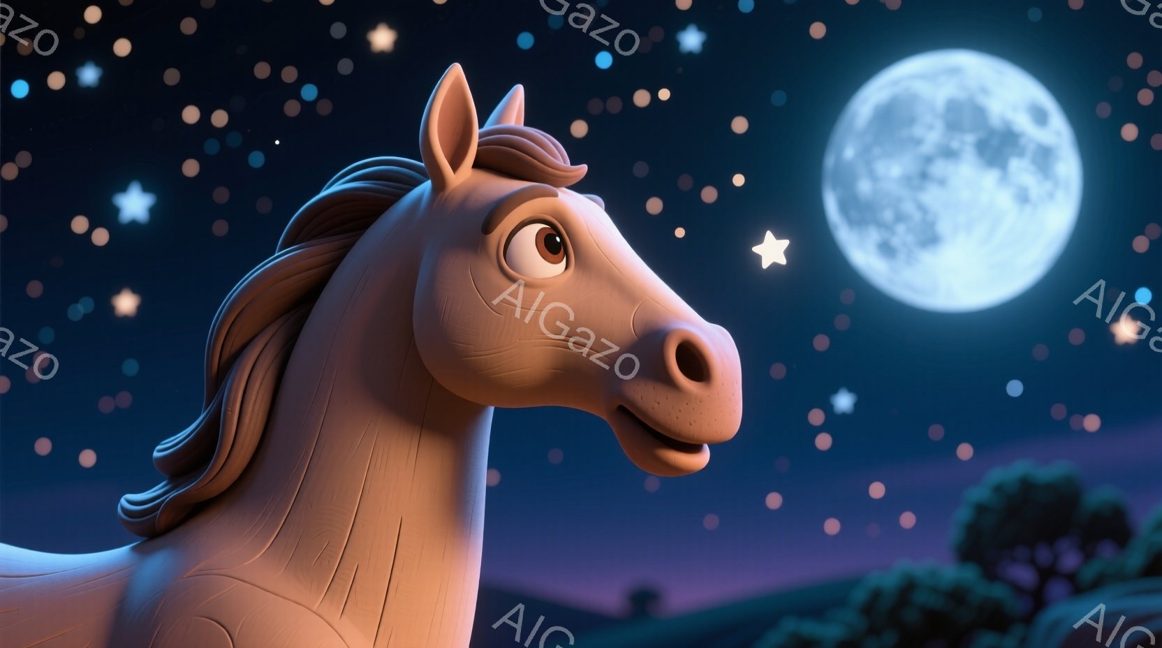 夜空を背景に、茶色の馬が描かれています。馬は右を向き、わずかに微笑んでいるように見え、その表情は穏やかで友好的です。背景には、明るい満月と無数の星が輝き、遠くにはシルエット状の丘や木々が見え、全体的に - AI生成フリー素材