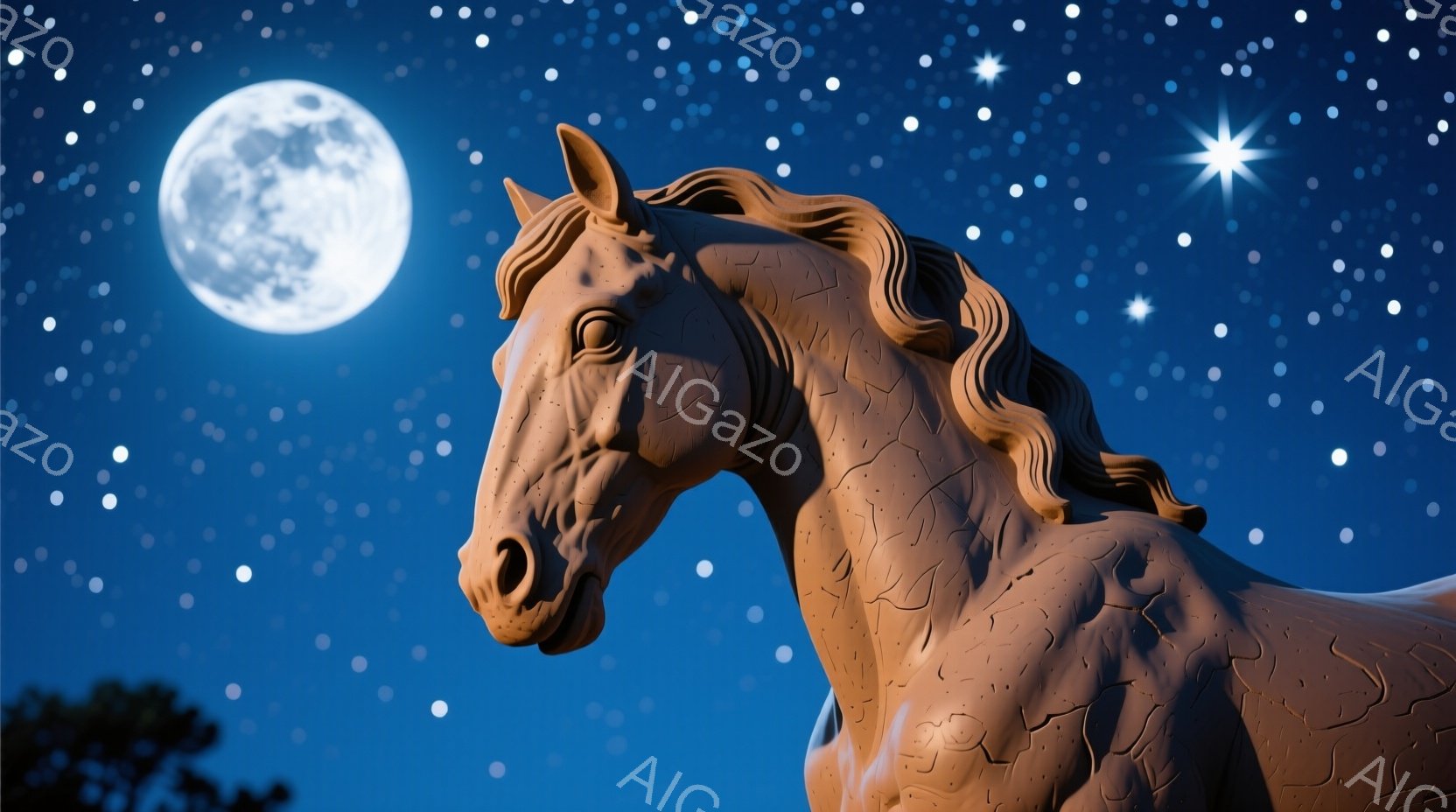 深い青色の夜空を背景に、茶色の彫刻のような馬が描かれています。馬は左を向き、静かに立っており、その肌はまるで土のような質感で、細かなひび割れが彫刻的な印象を与えています。遠くにはシルエット状の木々が見 - AI生成フリー素材