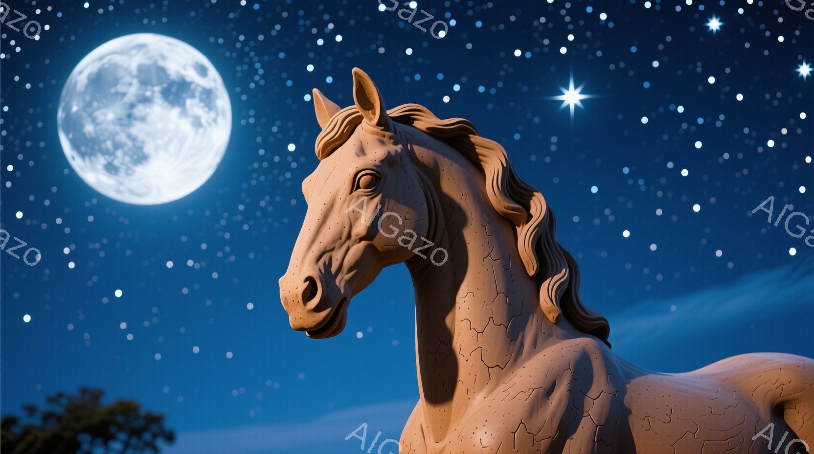 深い青色の夜空を背景に、茶色の彫刻のような馬が佇んでいます。月は明るく輝き、夜空には無数の星が散りばめられています。馬は静止しており、その彫刻のような質感と夜空のコントラストが幻想的な雰囲気を醸し出し - AI生成フリー素材