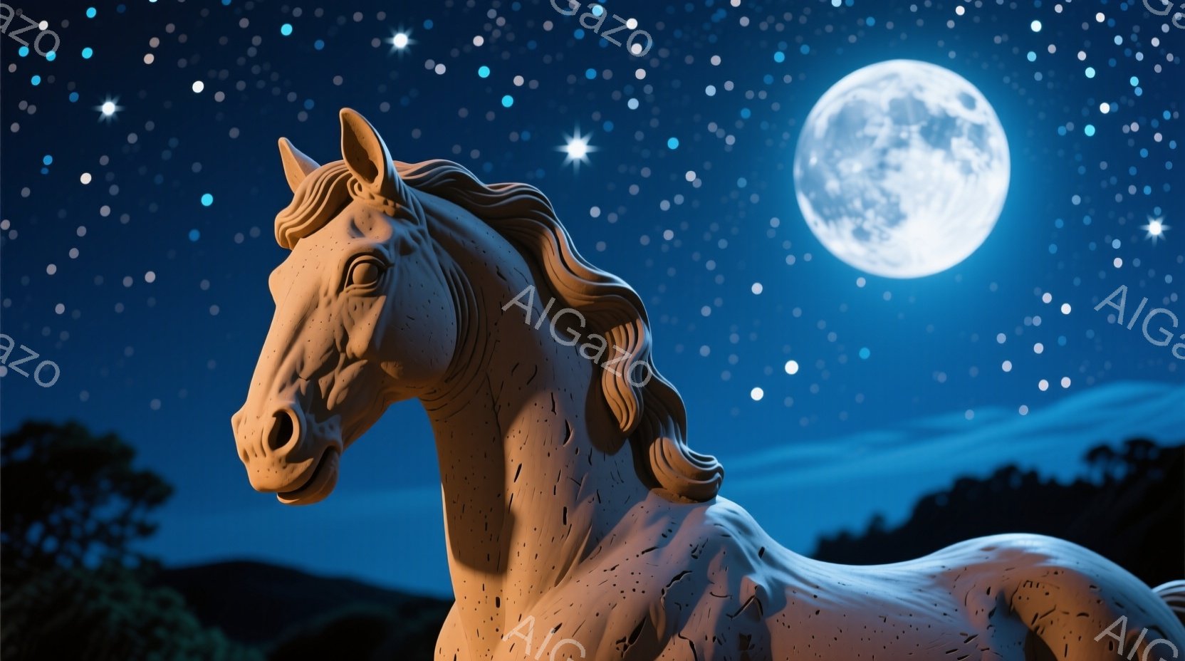 夜空を背景に、陶器のような質感の馬が描かれています。馬は横向きで、優雅な姿勢で立っており、月明かりに照らされたその姿は幻想的です。背景には暗いシルエットの山々が広がり、夜空には無数の星が輝いています。 - AI生成フリー素材
