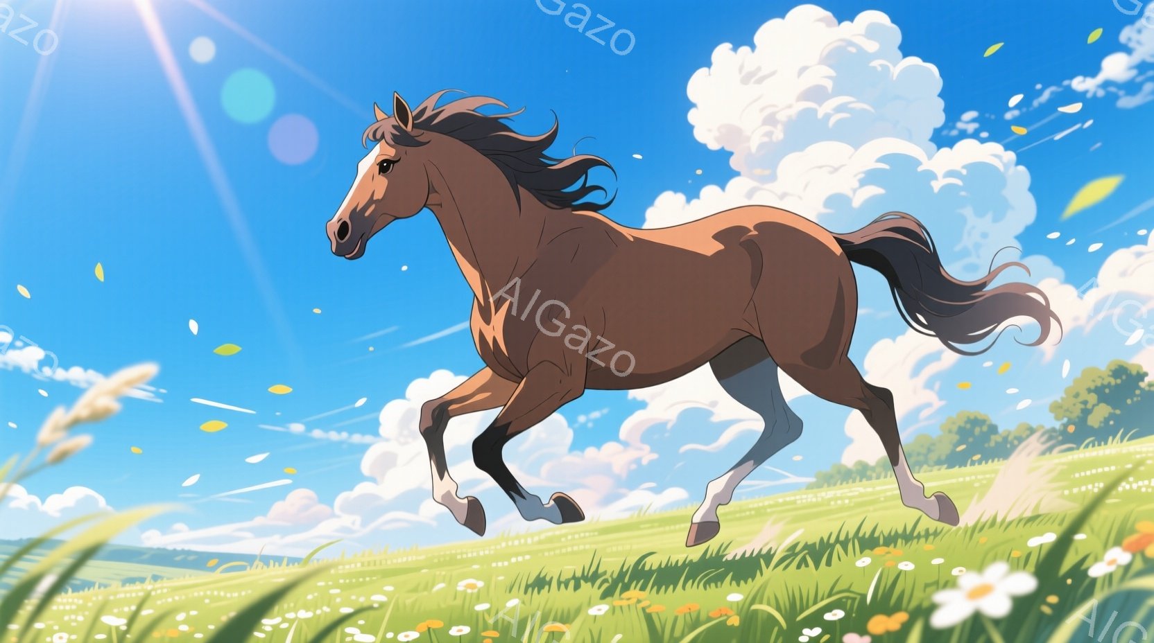 栗色の馬が緑豊かな草原を疾走している。空は晴れ渡り、白い雲が浮かび、太陽の光がまばゆい。草原には様々な色の花が咲き乱れ、馬の足元には花びらが舞い上がっている。